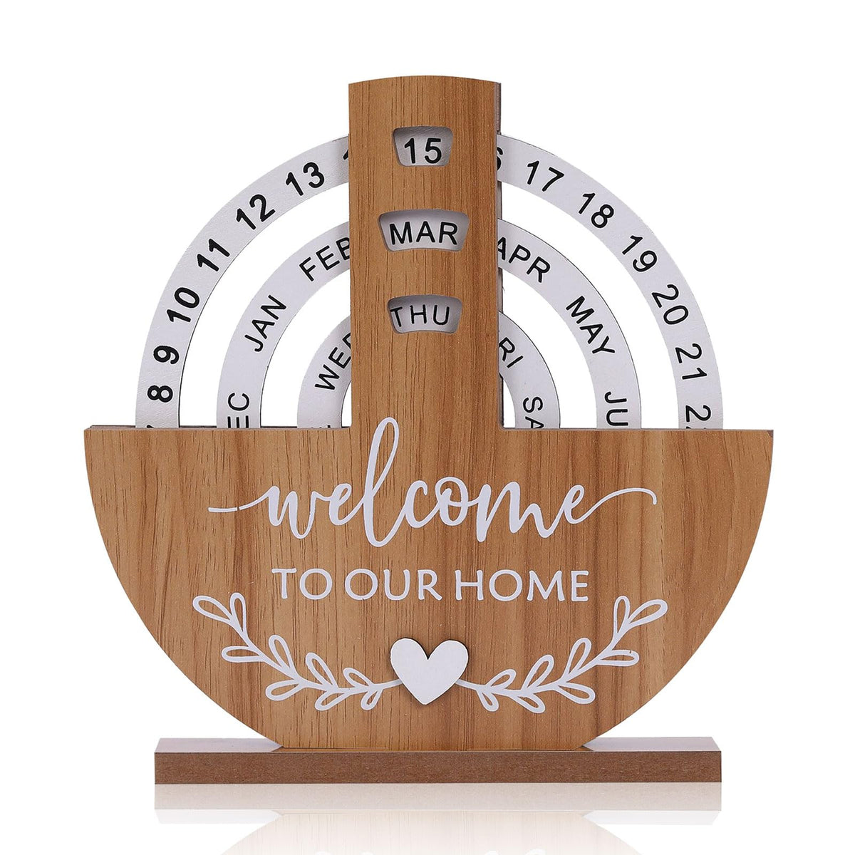 Wooden Perpetual Calendar with "Welcome to Our Home" Design – Rotating Desk Decor for Office &amp; Living Space (Natural Wood)