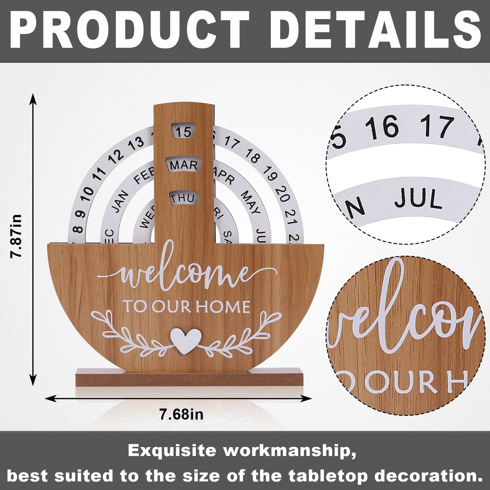 Wooden Perpetual Calendar with "Welcome to Our Home" Design – Rotating Desk Decor for Office & Living Space (Natural Wood)