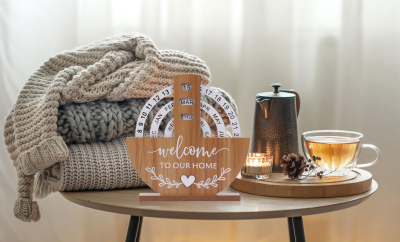 Wooden Perpetual Calendar with "Welcome to Our Home" Design – Rotating Desk Decor for Office & Living Space (Natural Wood)