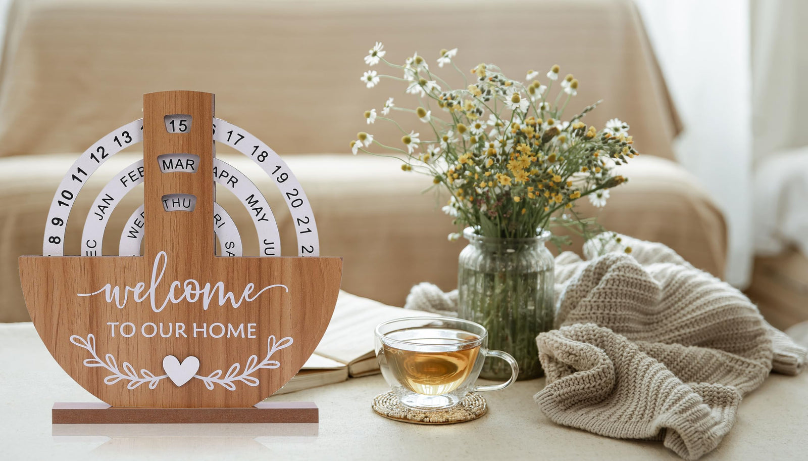Wooden Perpetual Calendar with "Welcome to Our Home" Design – Rotating Desk Decor for Office & Living Space (Natural Wood)