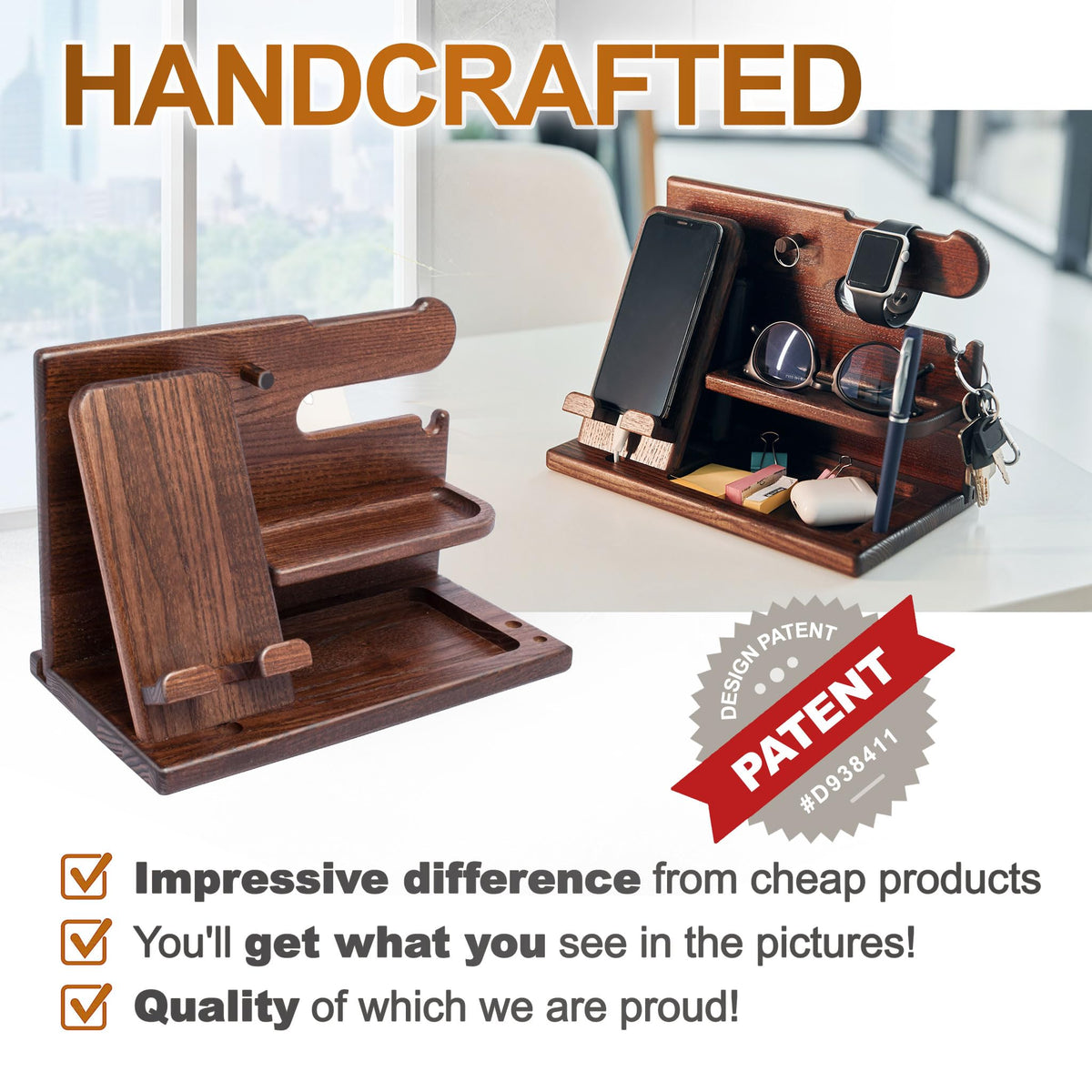 Wooden Desk Organizer for Men – Multi-Function Phone Stand, Watch & Glasses Holder, Key & Wallet Tray (Vintage Brown)