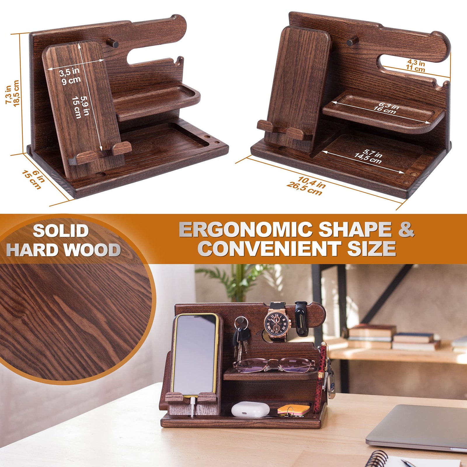 Wooden Desk Organizer for Men – Multi-Function Phone Stand, Watch & Glasses Holder, Key & Wallet Tray (Vintage Brown)