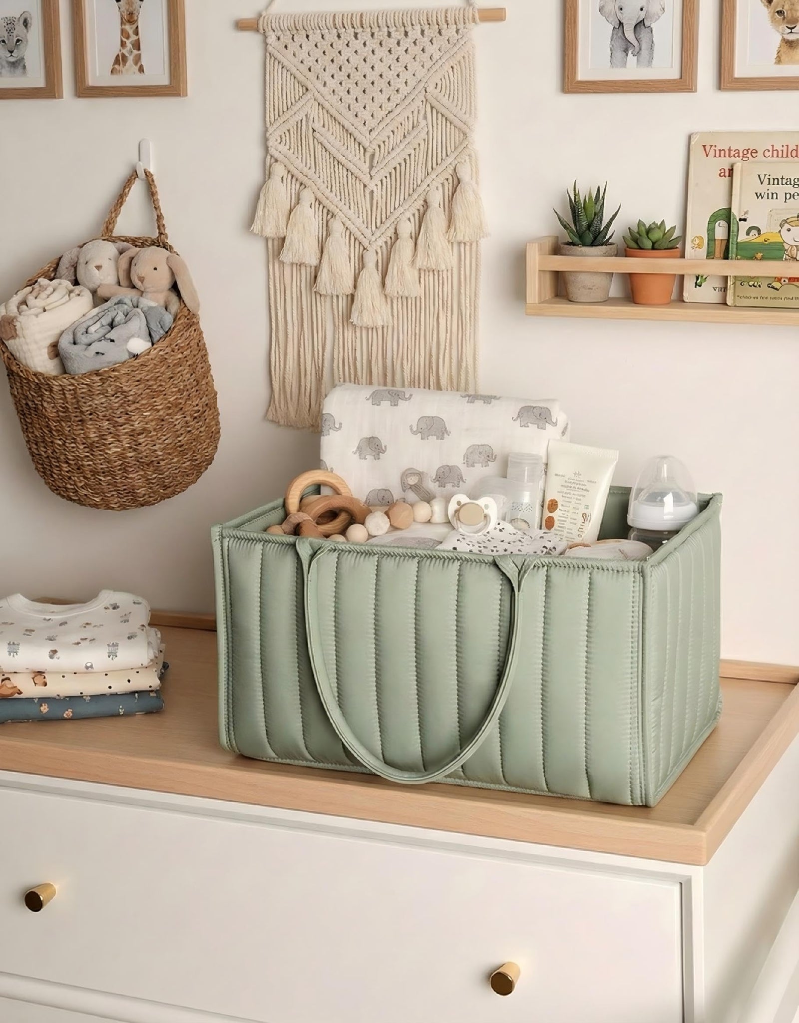 Large Baby Diaper Caddy Organizer – Stylish Storage Basket for Nursery, Changing Table & Travel – Portable Urn for Diapers, Wipes, Toys & Essentials (Green)