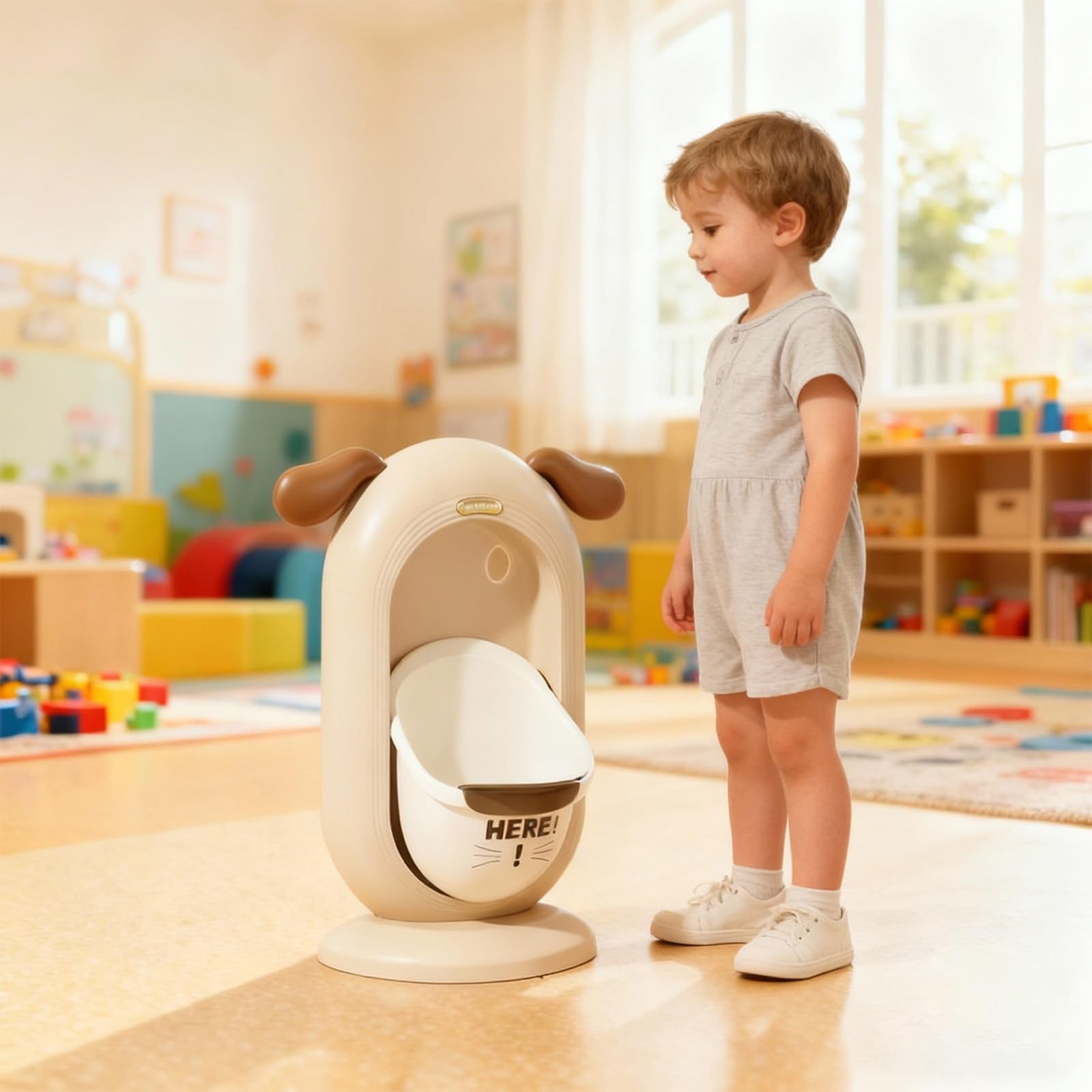 Wall-Mounted Kids Urinal for Boys – Adjustable Height Training Potty with Cute Cartoon Design, Anti-Splash, Easy to Clean, Portable Toilet for Home, Nursery, Travel (Beige)