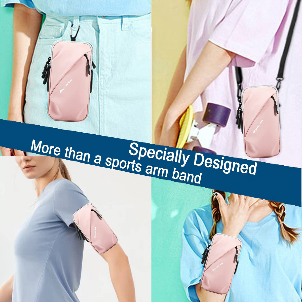 Universal Running Phone Arm Band – Waterproof, Dual Pocket, Adjustable Strap, Breathable Mesh, Fits Phones Up to 6.7 Inches, Crossbody & Waist Clip (Pink)