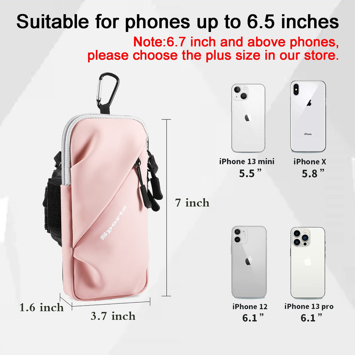 Universal Running Phone Arm Band – Waterproof, Dual Pocket, Adjustable Strap, Breathable Mesh, Fits Phones Up to 6.7 Inches, Crossbody & Waist Clip (Pink)