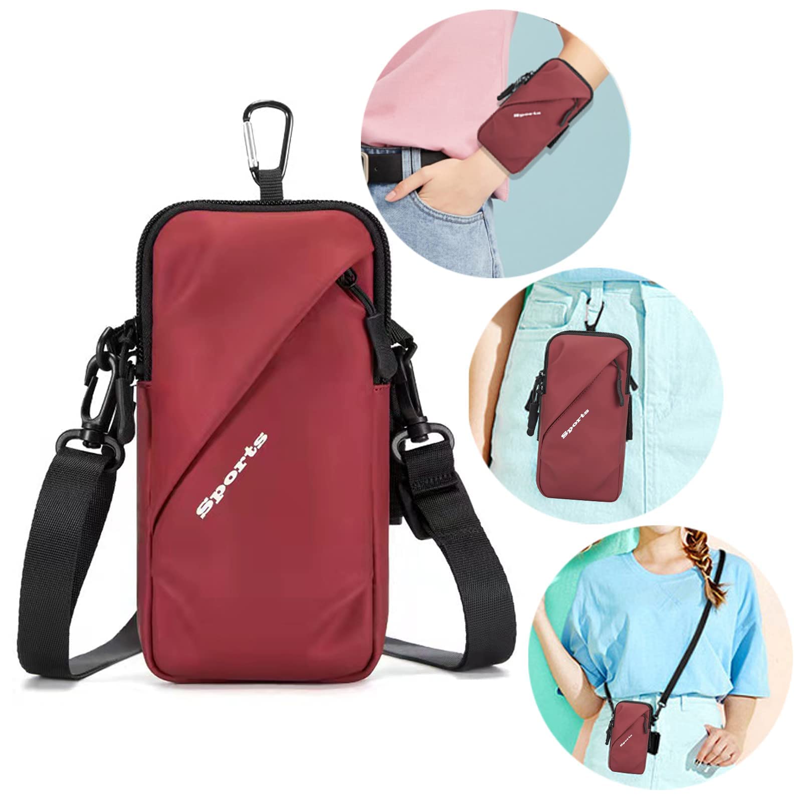 Universal Running Phone Arm Band – Waterproof, Dual Pocket, Adjustable Strap, Breathable Mesh, Fits Phones Up to 6.7 Inches, Crossbody & Waist Clip (Red)