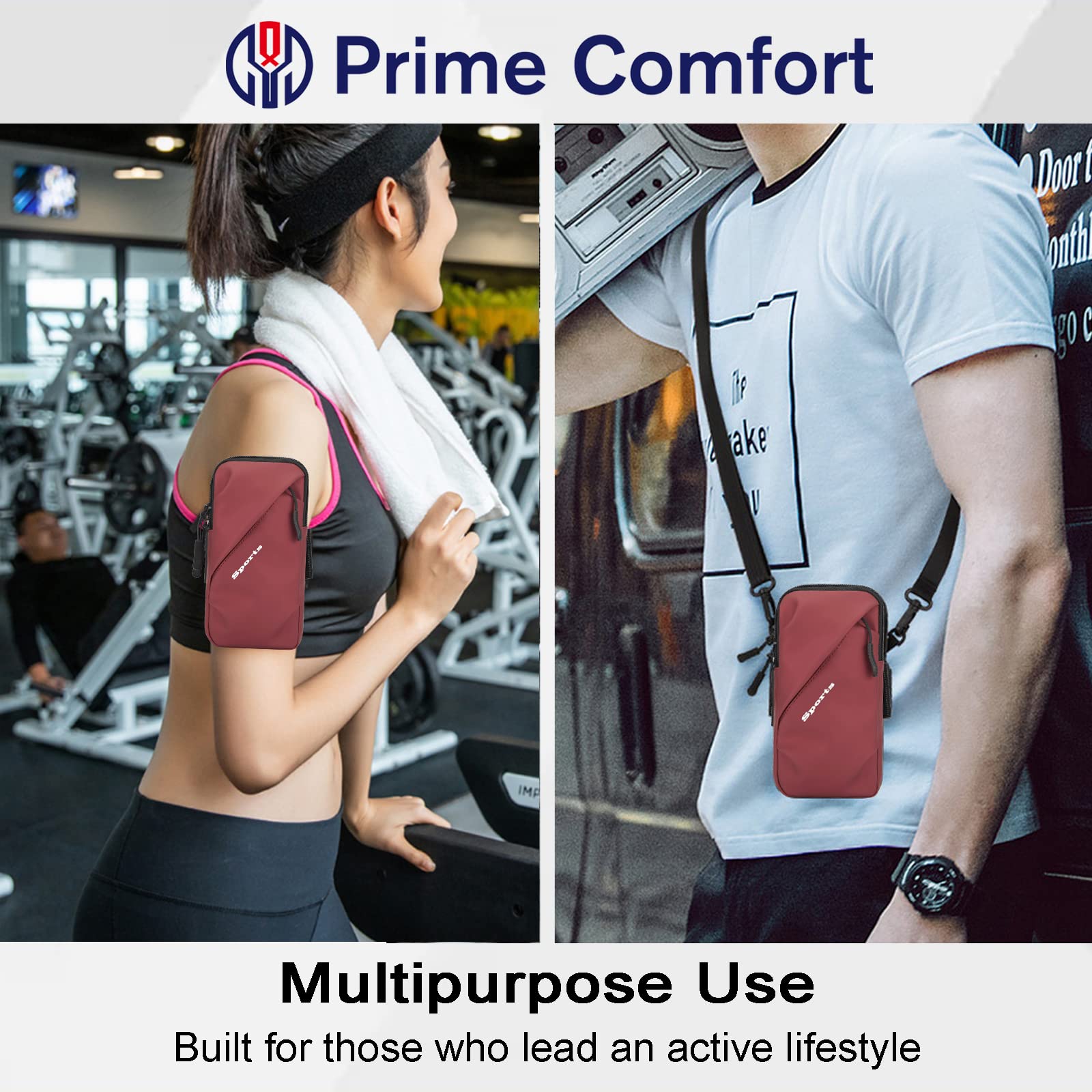 Universal Running Phone Arm Band – Waterproof, Dual Pocket, Adjustable Strap, Breathable Mesh, Fits Phones Up to 6.7 Inches, Crossbody & Waist Clip (Red)