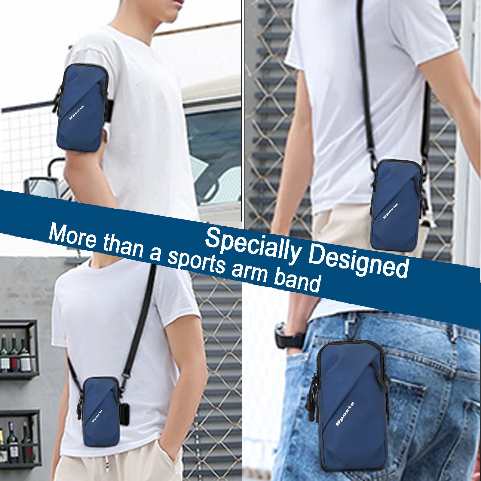 Universal Running Phone Arm Band – Waterproof, Dual Pocket, Adjustable Strap, Breathable Mesh, Fits Phones Up to 6.7 Inches, Crossbody & Waist Clip (Blue)