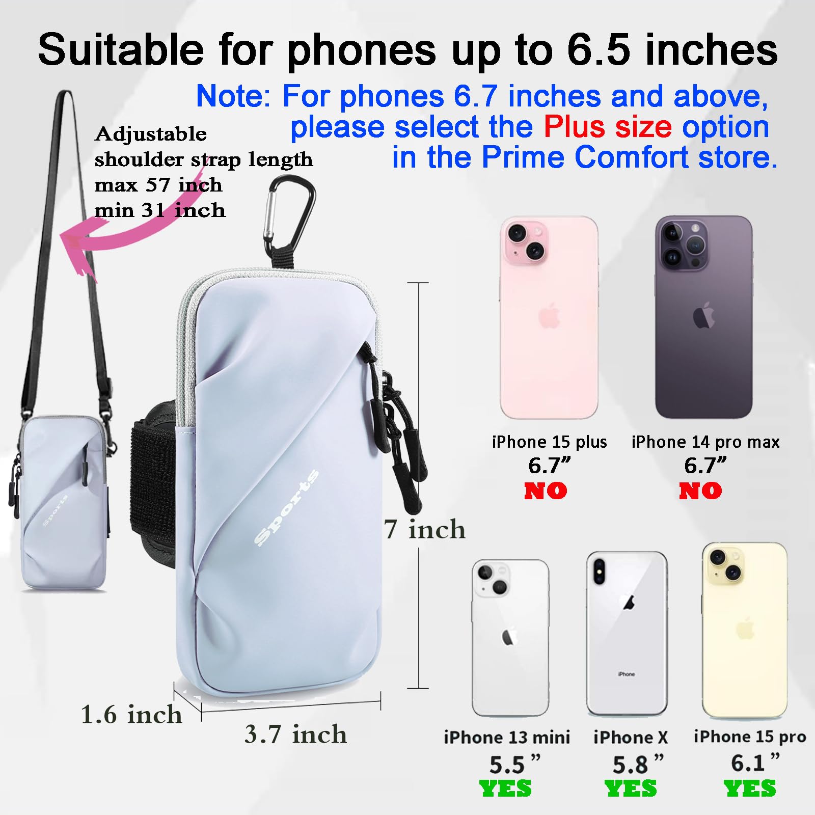 Universal Running Phone Arm Band – Waterproof, Dual Pocket, Adjustable Strap, Breathable Mesh, Fits Phones Up to 6.7 Inches, Crossbody & Waist Clip (Light Blue)