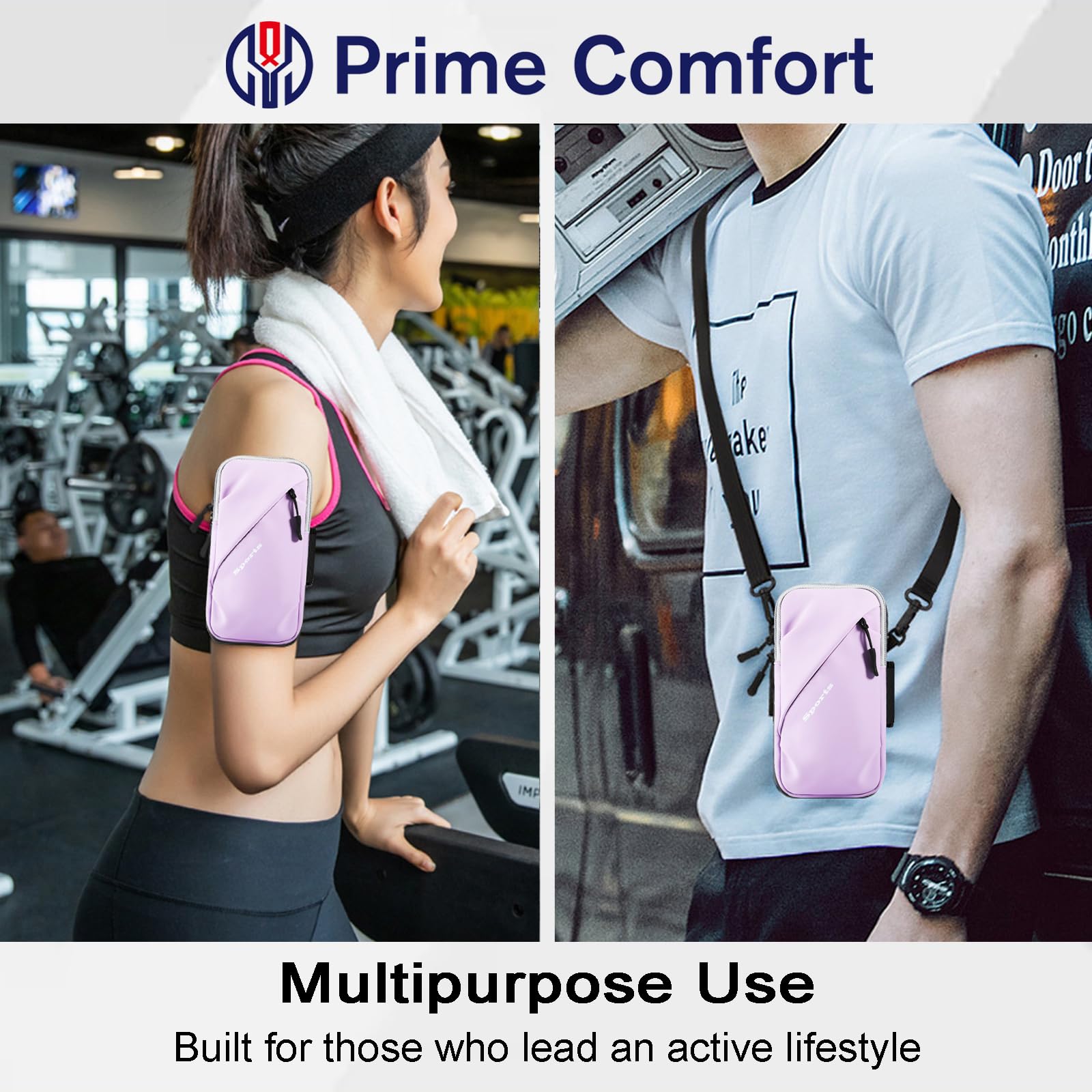 Universal Running Phone Arm Band – Waterproof, Dual Pocket, Adjustable Strap, Breathable Mesh, Fits Phones Up to 6.7 Inches, Crossbody & Waist Clip (Purple)