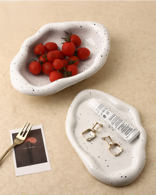 Speckled White Ceramic Tray Set (Round+Long+Irregular) – Jewelry Organizer &amp; Fruit Dish for Home Decor | Other Styles Available in Store