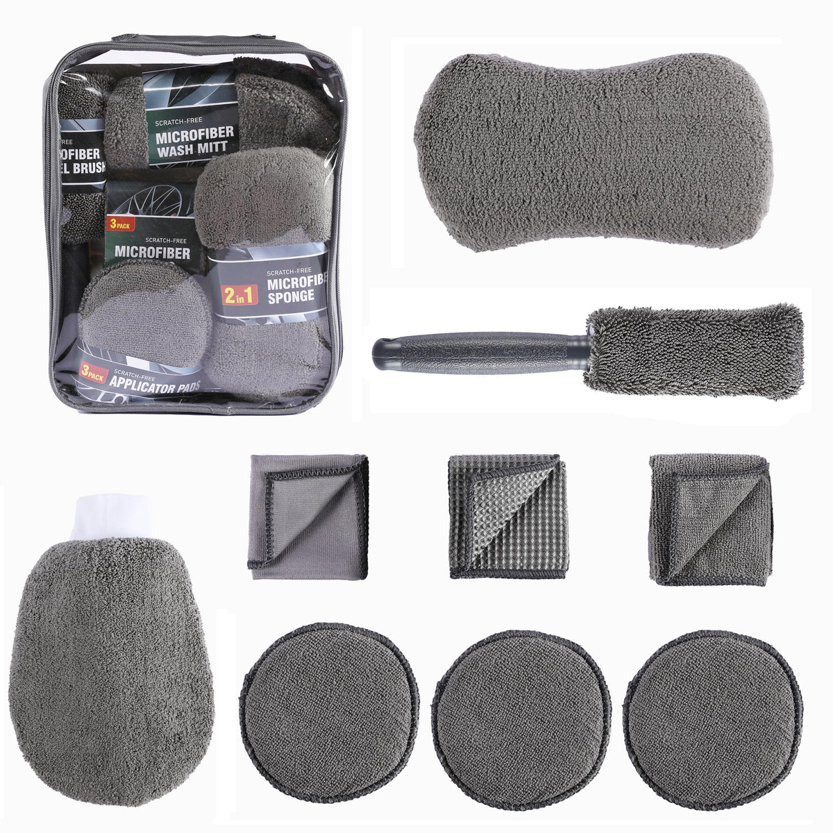 Multi-Use Car Cleaning Kit – 9-Piece Auto Detailing Set with Wash Mitt, Wheel Brush, Microfiber Cloths, Sponge, Applicator Pads, Storage Bag (Gray)