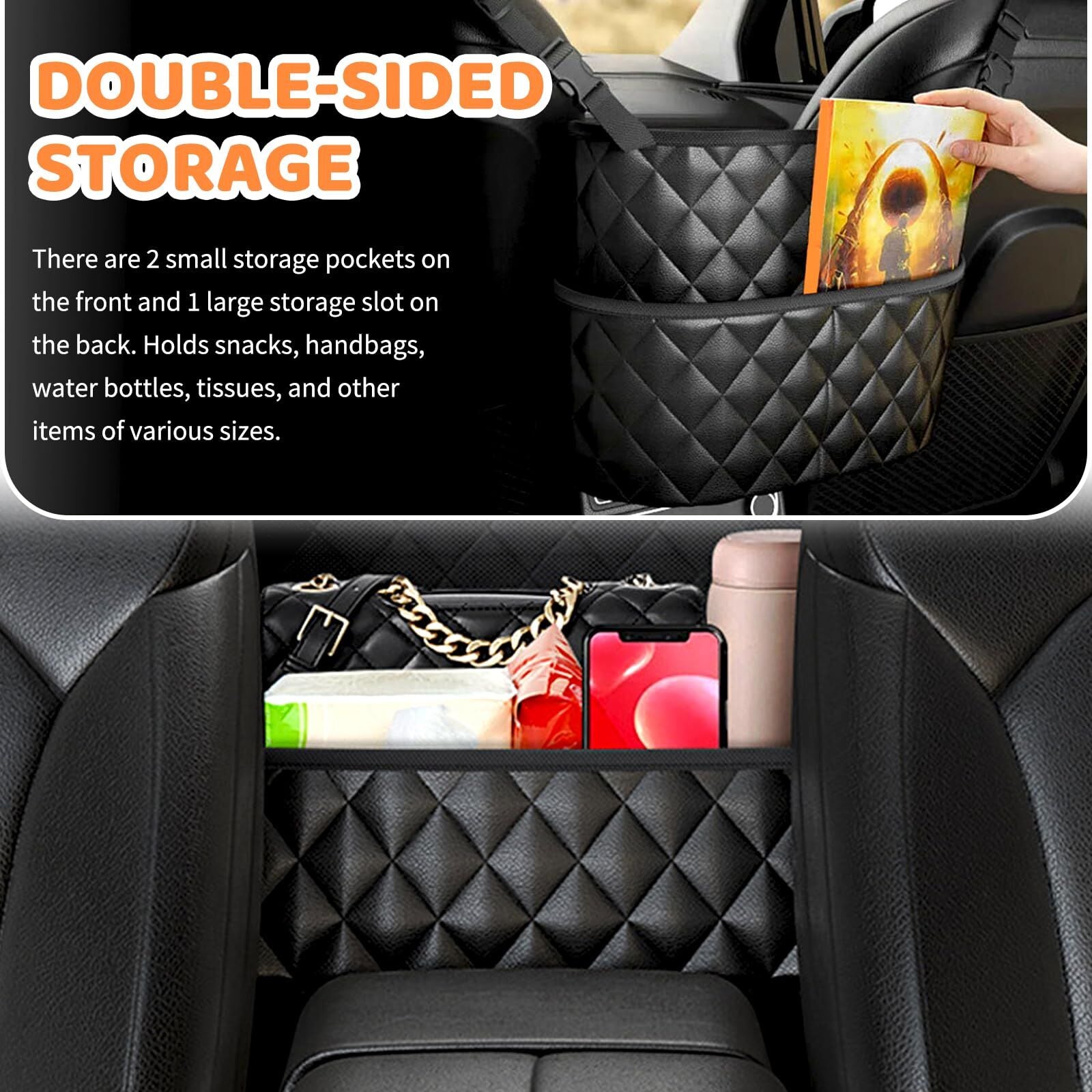 Car Seat Storage Bag: PU Leather Organizer with Hooks – Pet Barrier, Safe Driving Storage for Wallets/Phones (Black)