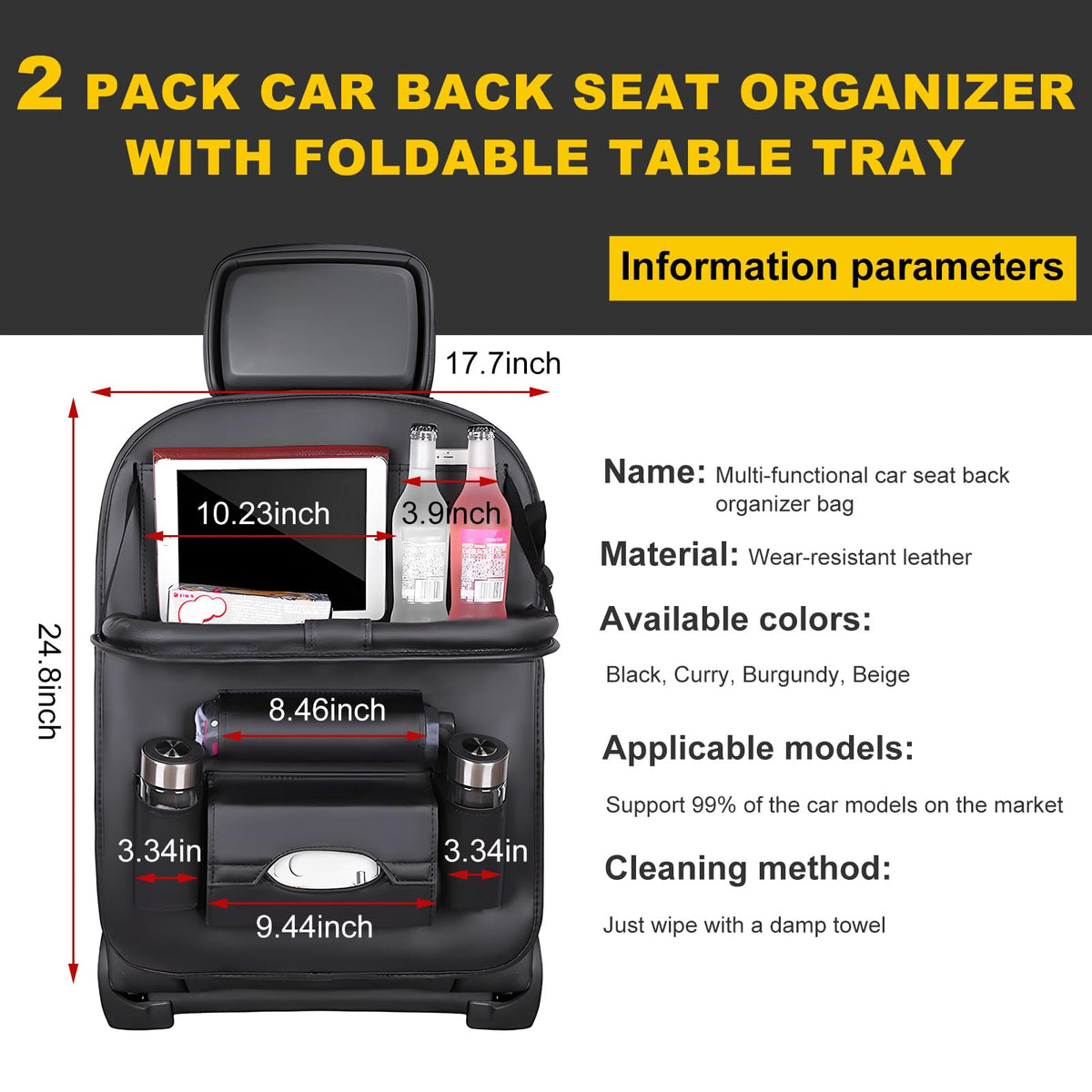 Car Back Seat Organizer with Foldable Table Tray – Universal Rear Seat Storage Bag, Multi-Pocket Holder for Tablet, Drinks & Essentials (Black)
