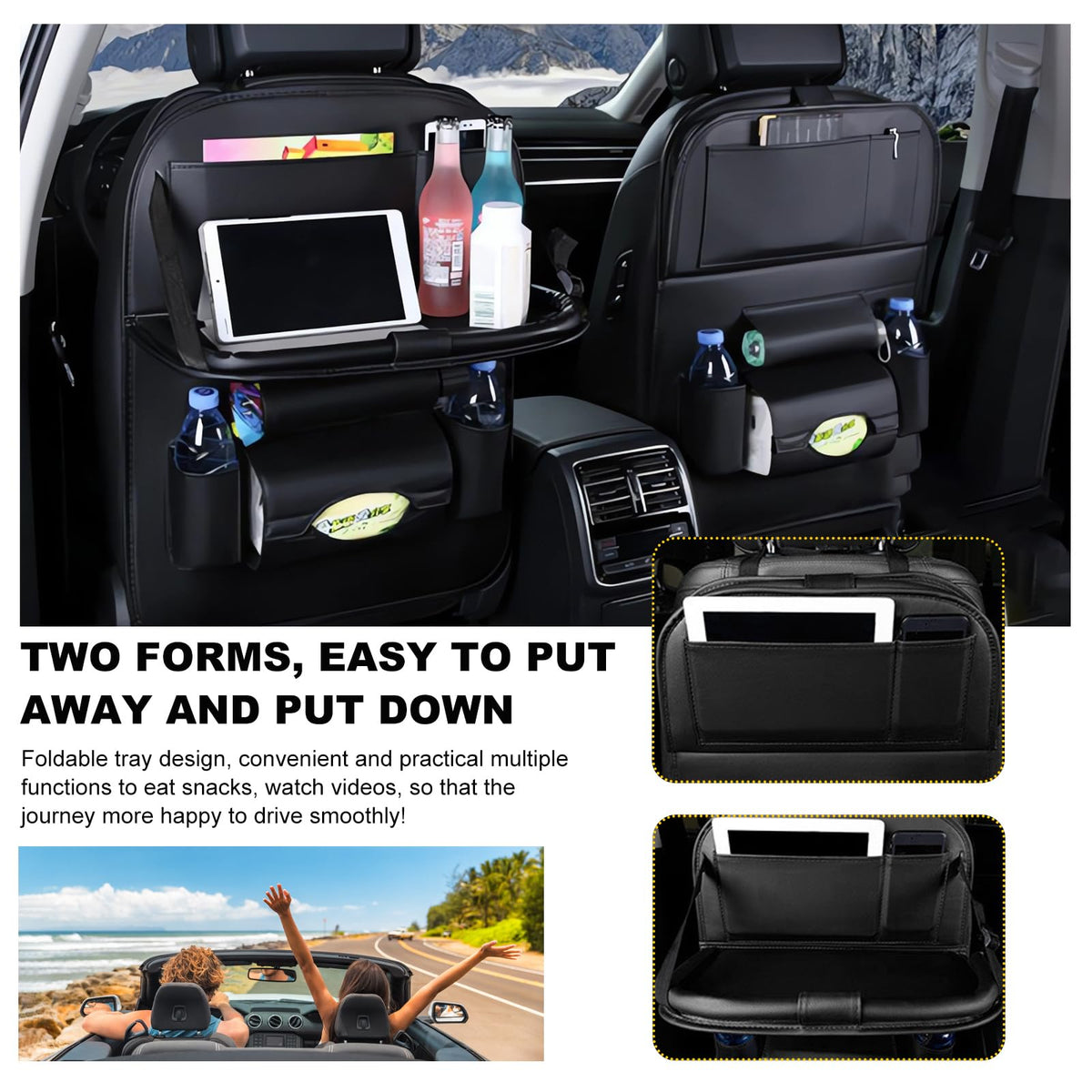 Car Back Seat Organizer with Foldable Table Tray – Universal Rear Seat Storage Bag, Multi-Pocket Holder for Tablet, Drinks & Essentials (Black)