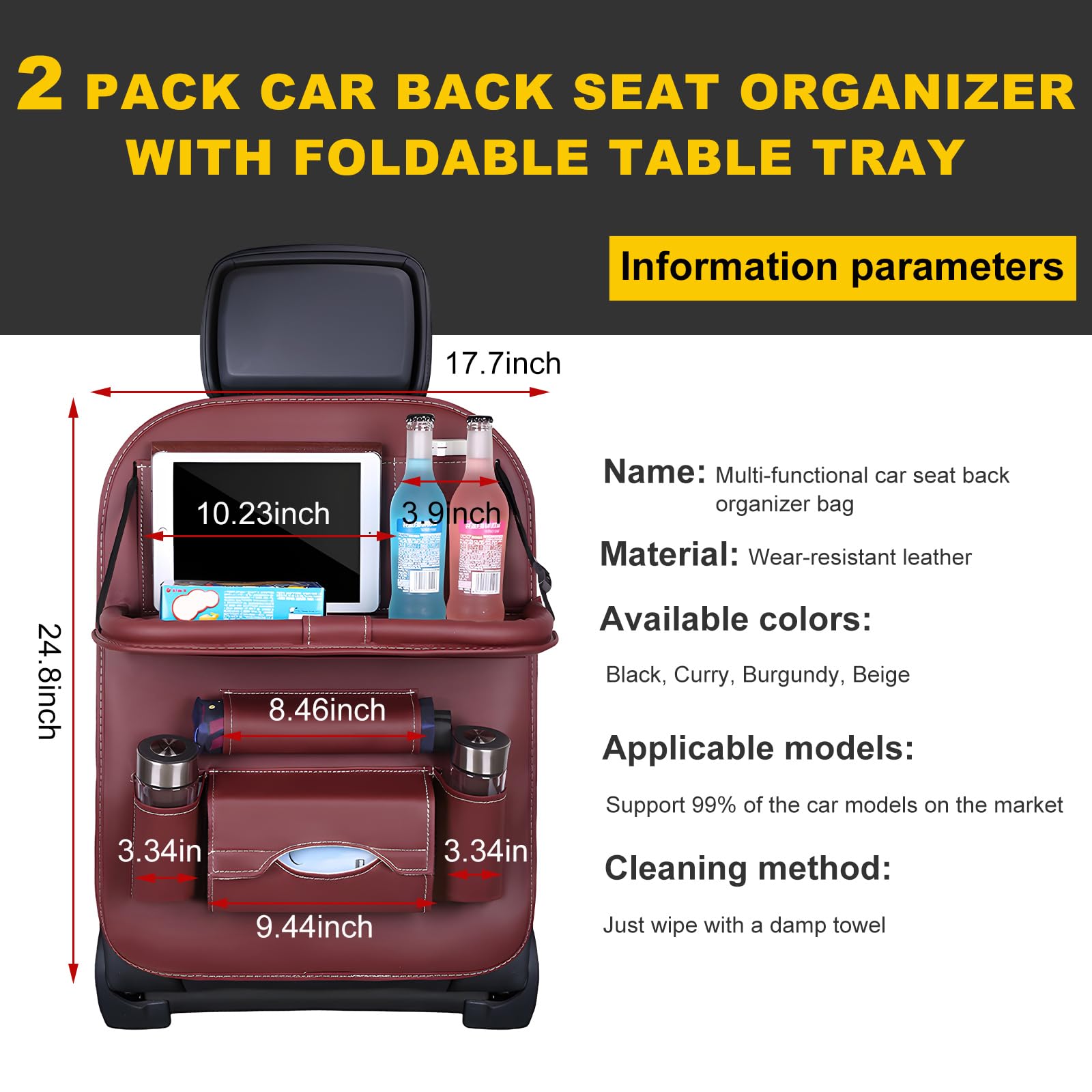 Car Back Seat Organizer with Foldable Table Tray – Universal Rear Seat Storage Bag, Multi-Pocket Holder for Tablet, Drinks & Essentials (Red)