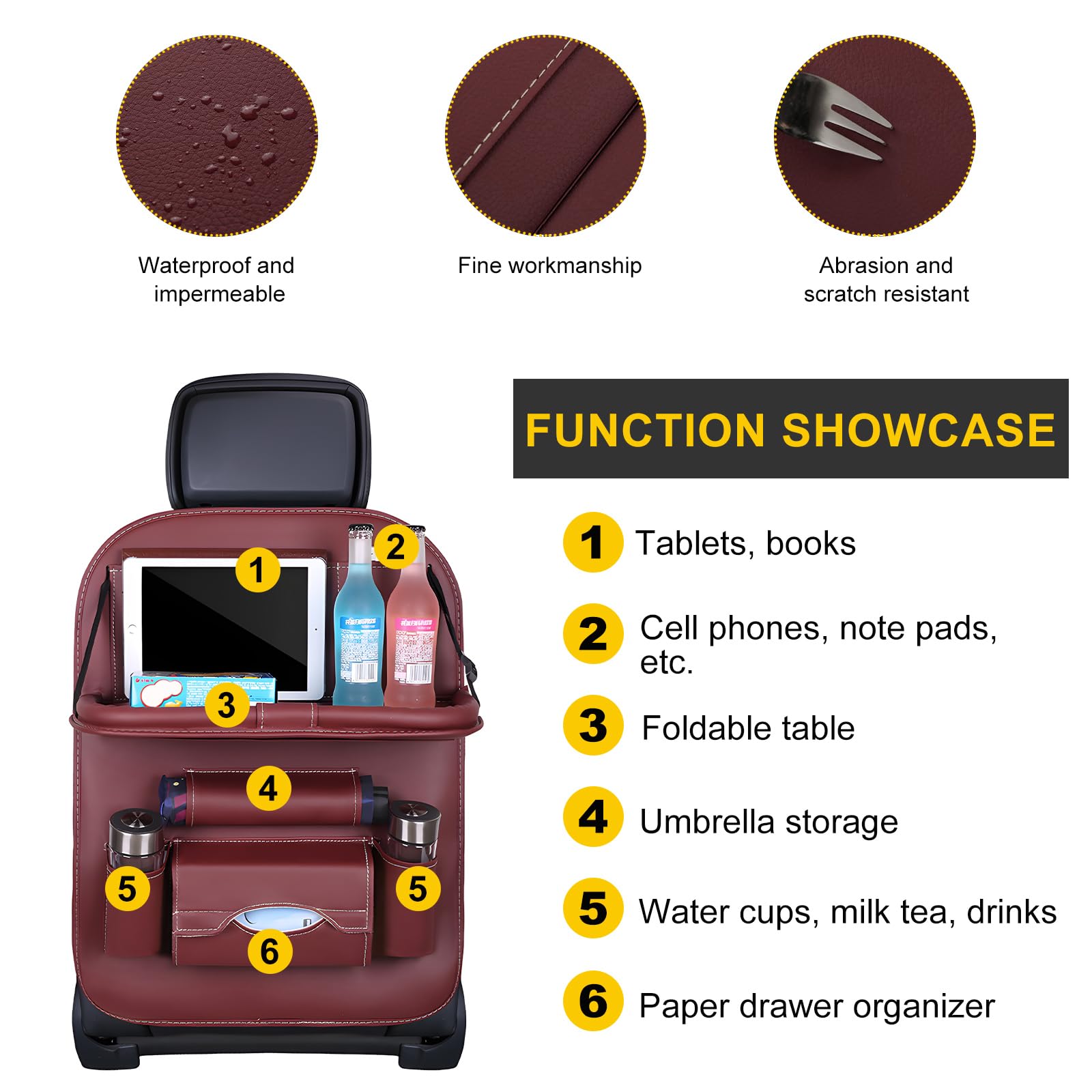 Car Back Seat Organizer with Foldable Table Tray – Universal Rear Seat Storage Bag, Multi-Pocket Holder for Tablet, Drinks & Essentials (Red)