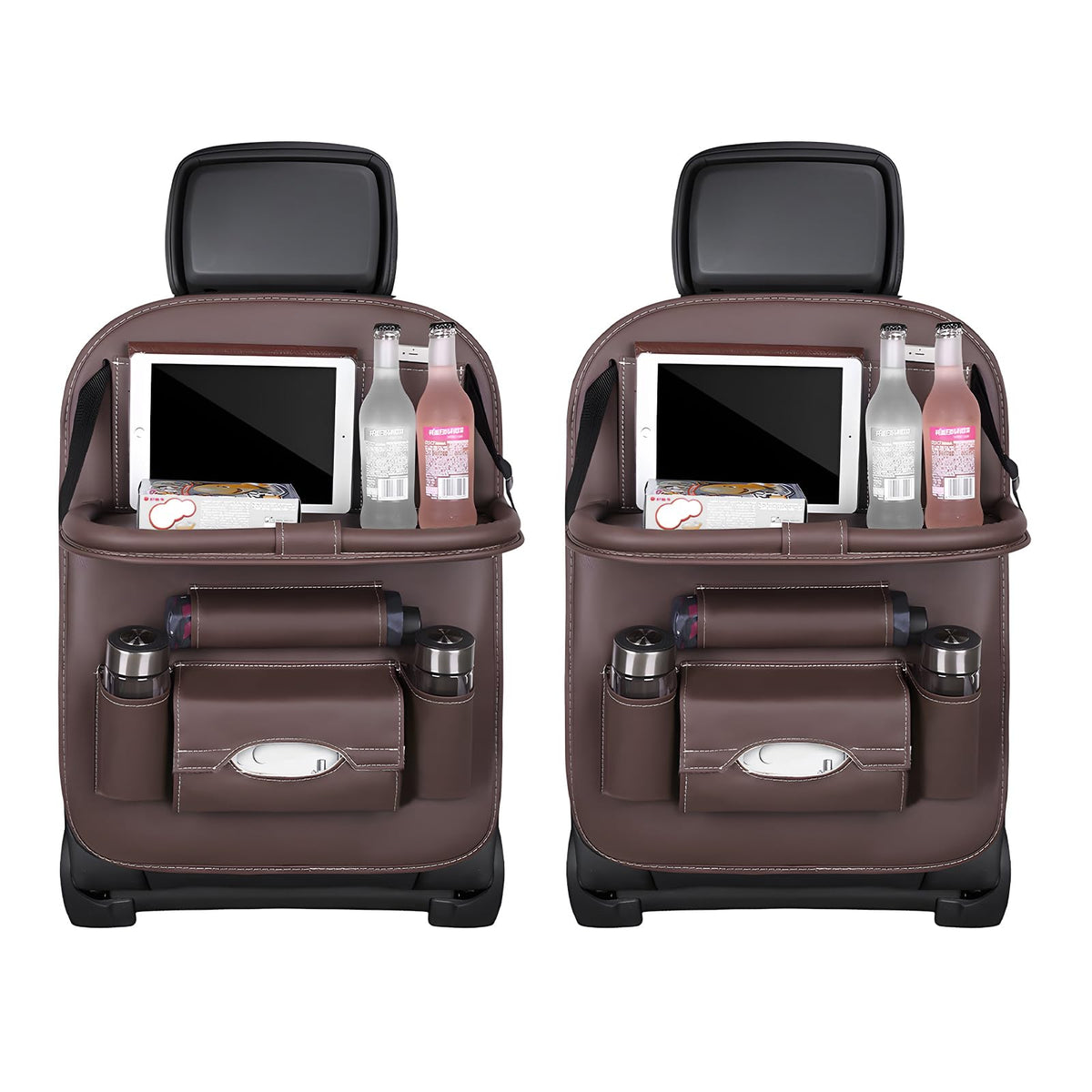 Car Back Seat Organizer with Foldable Table Tray – Universal Rear Seat Storage Bag, Multi-Pocket Holder for Tablet, Drinks &amp; Essentials (Coffee)