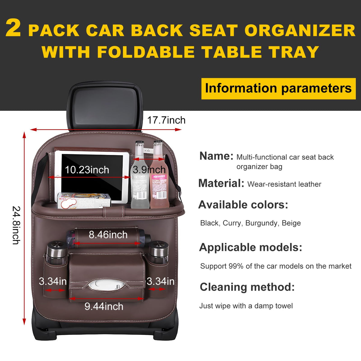 Car Back Seat Organizer with Foldable Table Tray – Universal Rear Seat Storage Bag, Multi-Pocket Holder for Tablet, Drinks & Essentials (Coffee)