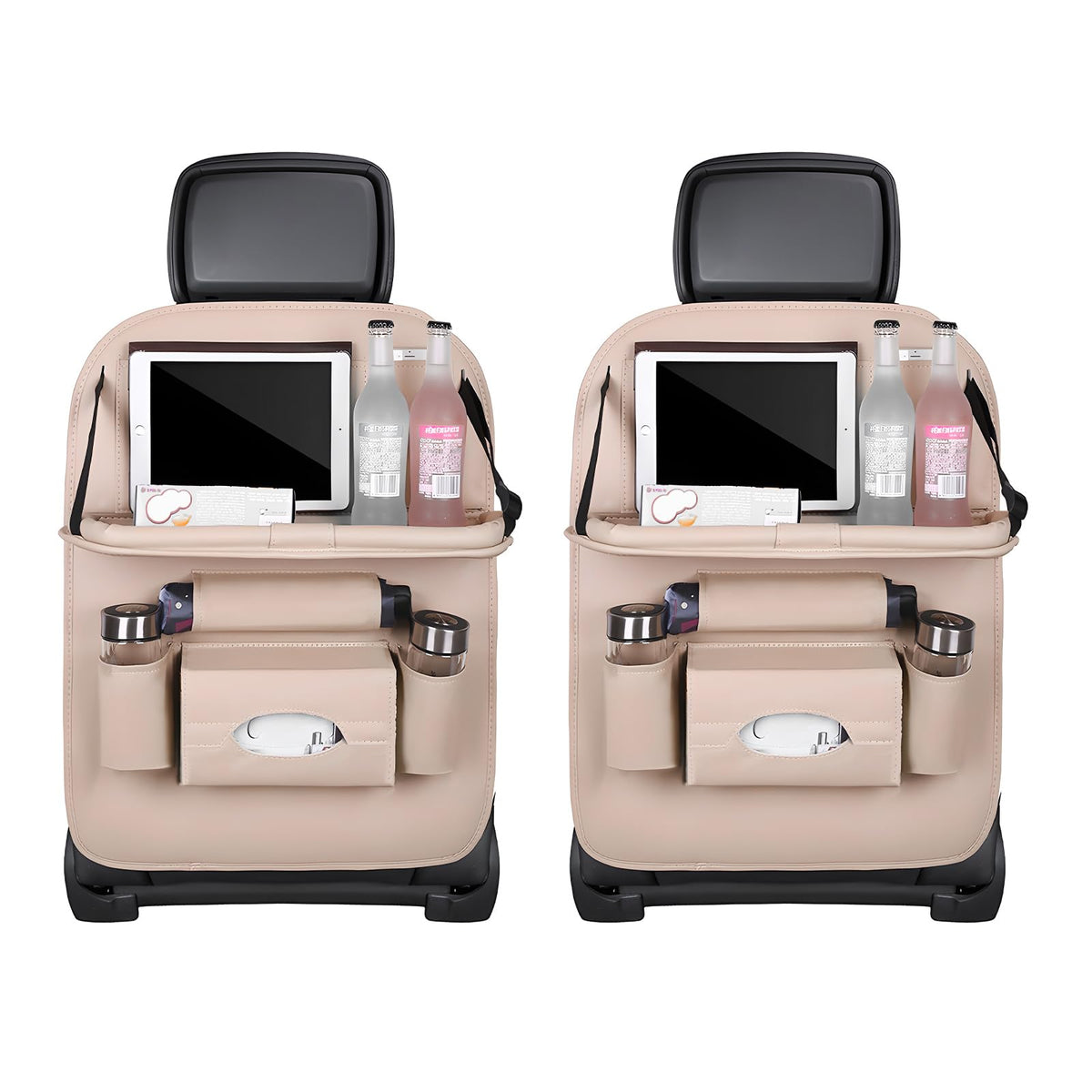 Car Back Seat Organizer with Foldable Table Tray – Universal Rear Seat Storage Bag, Multi-Pocket Holder for Tablet, Drinks &amp; Essentials (Beige)