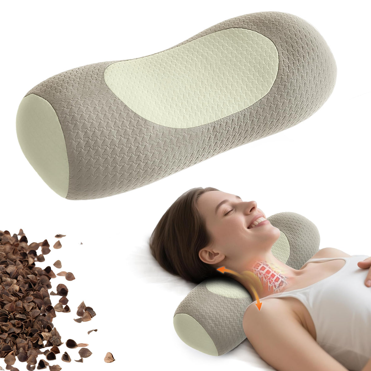Organic Buckwheat Cervical Pillow – Ergonomic Neck Support for Side and Back Sleepers, Adjustable Firmness with Removable Cover, Natural Pain Relief for Neck and Shoulder Tension (Warm White)
