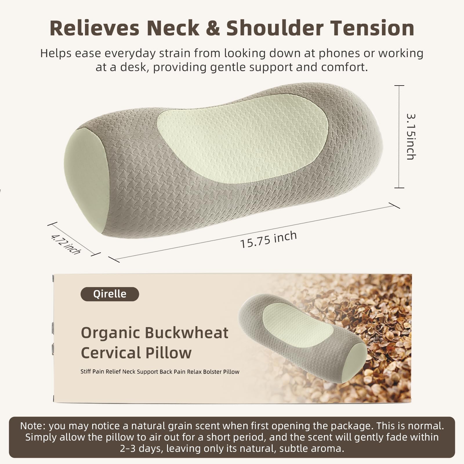 Organic Buckwheat Cervical Pillow – Ergonomic Neck Support for Side and Back Sleepers, Adjustable Firmness with Removable Cover, Natural Pain Relief for Neck and Shoulder Tension (Warm White)