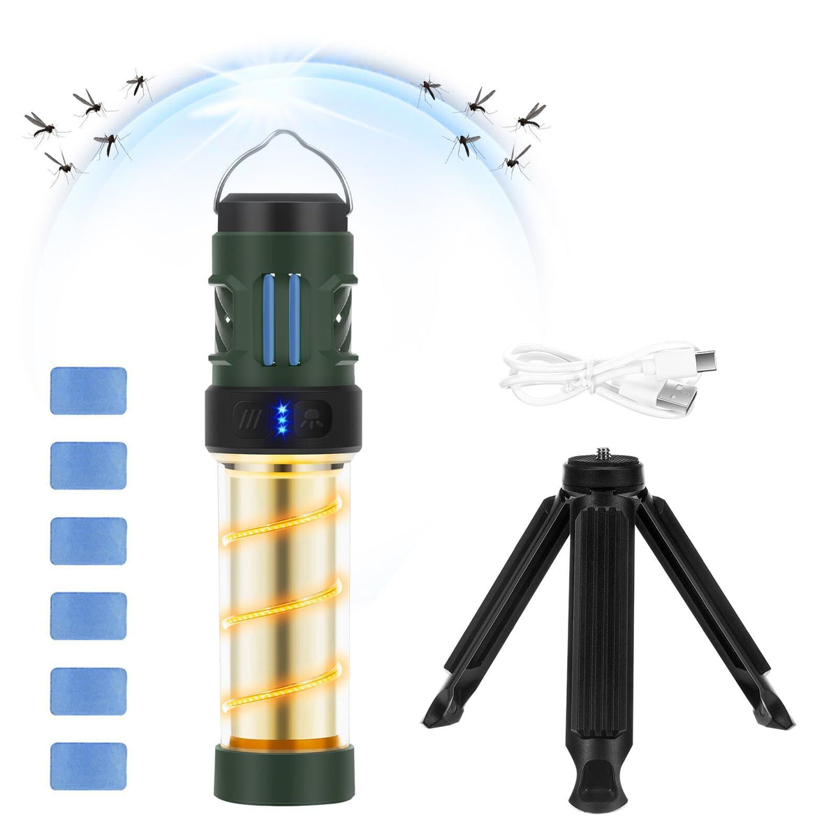 Rechargeable 3-in-1 Camping Light with Mosquito Repellent &amp; Dual Heating – Bright Flashlight, Warm Lantern, Type-C Charging (Army Green)