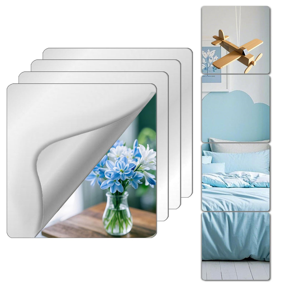 Shatterproof Acrylic Mirror Tiles – 4-Pack Wall Stickers for Kids, Home Gym, Bedroom &amp; Bathroom, Easy Peel-and-Stick Decorative Mirrors with Double-Sided Tape (Silver,12" x 12")