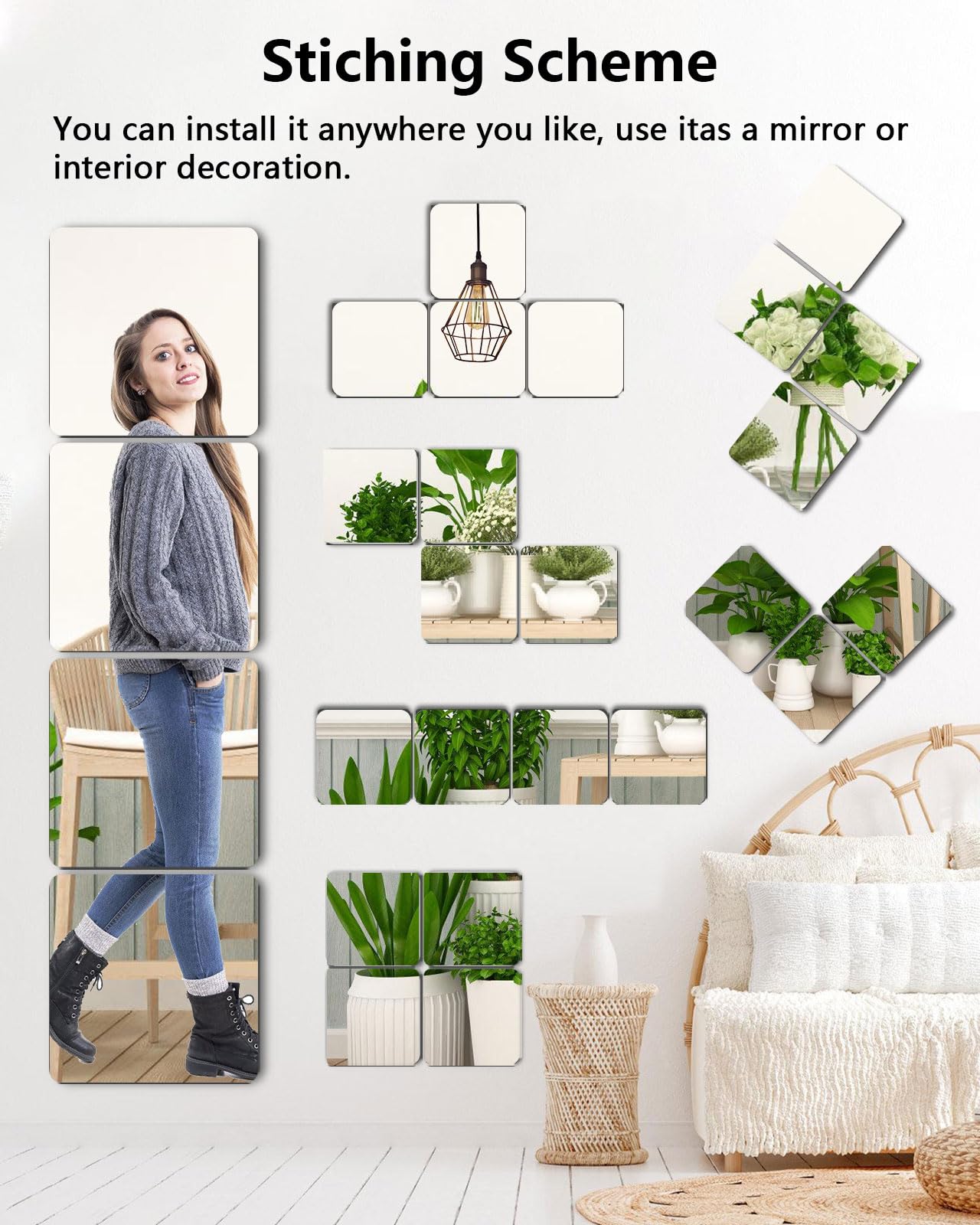 Shatterproof Acrylic Mirror Tiles – 4-Pack Wall Stickers for Kids, Home Gym, Bedroom & Bathroom, Easy Peel-and-Stick Decorative Mirrors with Double-Sided Tape (Silver,16" x 16")