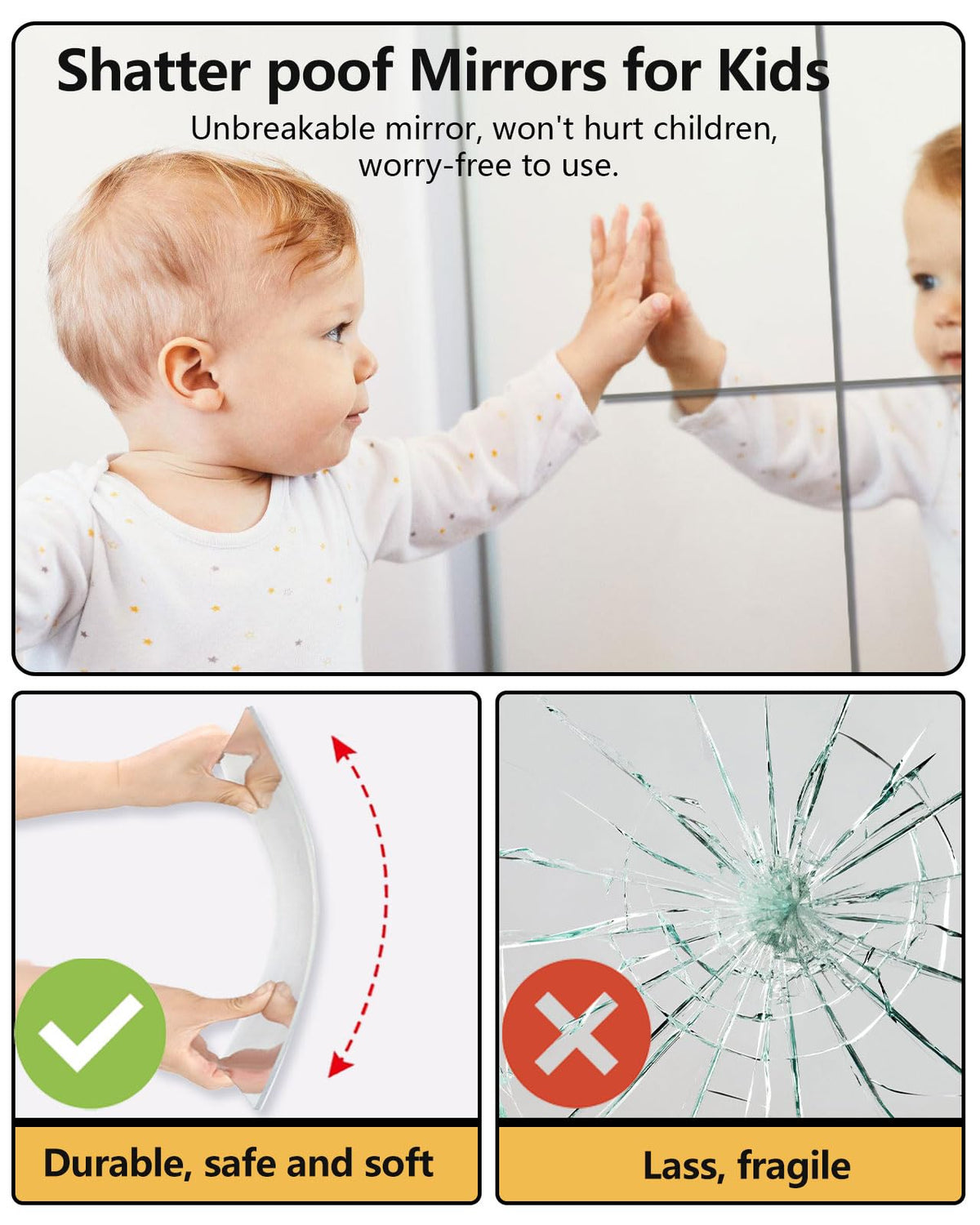 Shatterproof Acrylic Mirror Tiles – 4-Pack Wall Stickers for Kids, Home Gym, Bedroom & Bathroom, Easy Peel-and-Stick Decorative Mirrors with Double-Sided Tape (Silver,16" x 16")