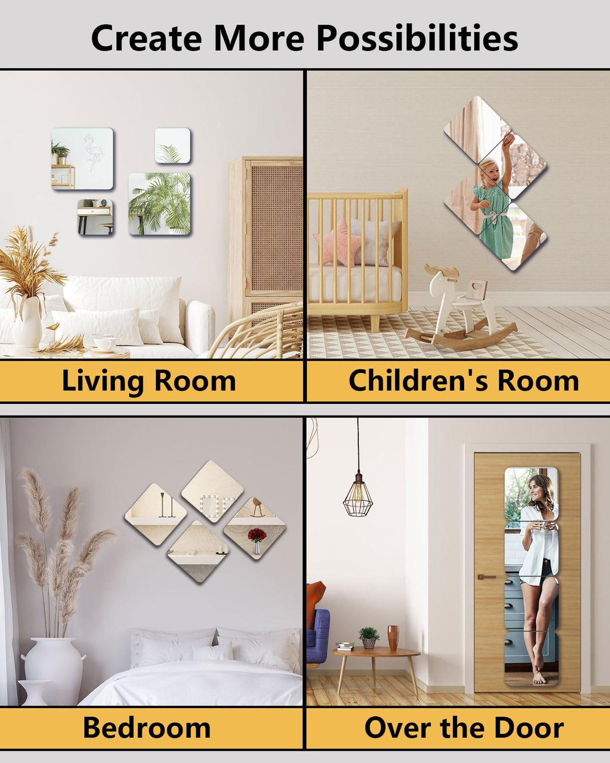 Shatterproof Acrylic Mirror Tiles – 4-Pack Wall Stickers for Kids, Home Gym, Bedroom & Bathroom, Easy Peel-and-Stick Decorative Mirrors with Double-Sided Tape (Silver,16" x 16")