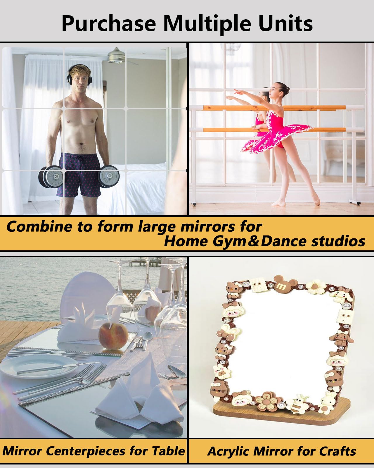 Shatterproof Acrylic Mirror Tiles – 4-Pack Wall Stickers for Kids, Home Gym, Bedroom & Bathroom, Easy Peel-and-Stick Decorative Mirrors with Double-Sided Tape (Silver,16" x 16")