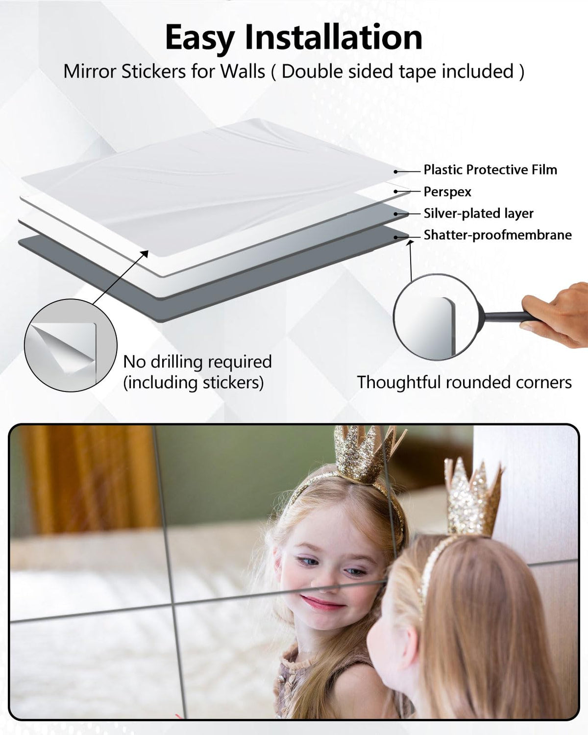 Shatterproof Acrylic Mirror Tiles – 4-Pack Wall Stickers for Kids, Home Gym, Bedroom & Bathroom, Easy Peel-and-Stick Decorative Mirrors with Double-Sided Tape (Silver,16" x 16")