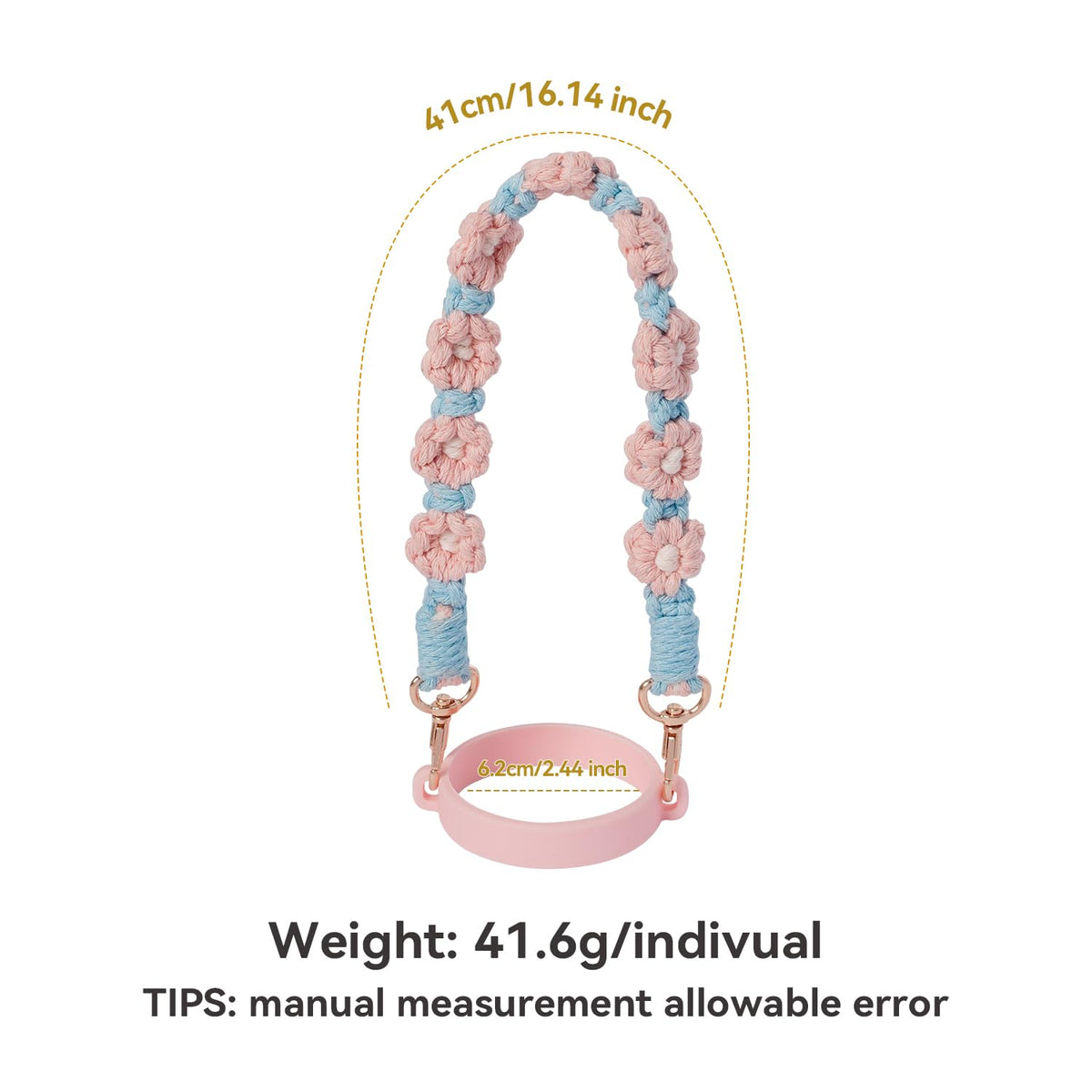 Hand-Woven Flower Water Bottle Strap with Silicone Ring 41cm/16.14 inch – Universal Cup Holder for 14oz, 30oz, and 40oz Stanley Tumblers, Adjustable Shoulder Strap with Rose Gold Clips and Net Pouch (Pink)
