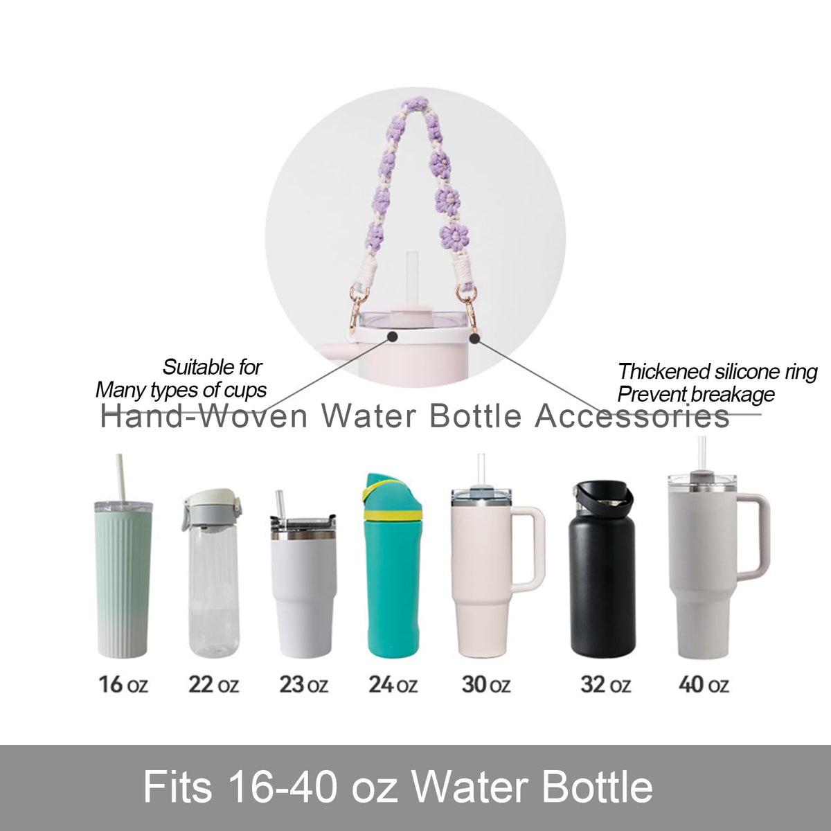 Hand-Woven Flower Water Bottle Strap with Silicone Ring 41cm/16.14 inch – Universal Cup Holder for 14oz, 30oz, and 40oz Stanley Tumblers, Adjustable Shoulder Strap with Rose Gold Clips and Net Pouch (Pink)