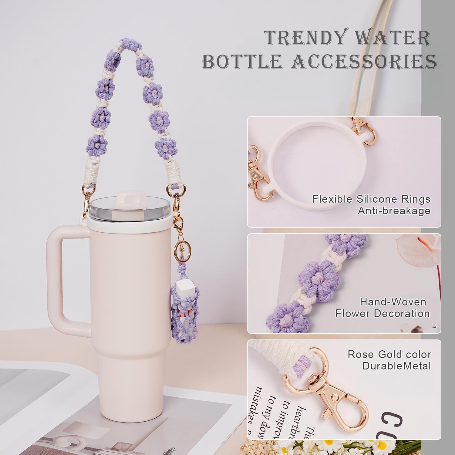 Hand-Woven Flower Water Bottle Strap with Silicone Ring 41cm/16.14 inch – Universal Cup Holder for 14oz, 30oz, and 40oz Stanley Tumblers, Adjustable Shoulder Strap with Rose Gold Clips and Net Pouch (Pink)