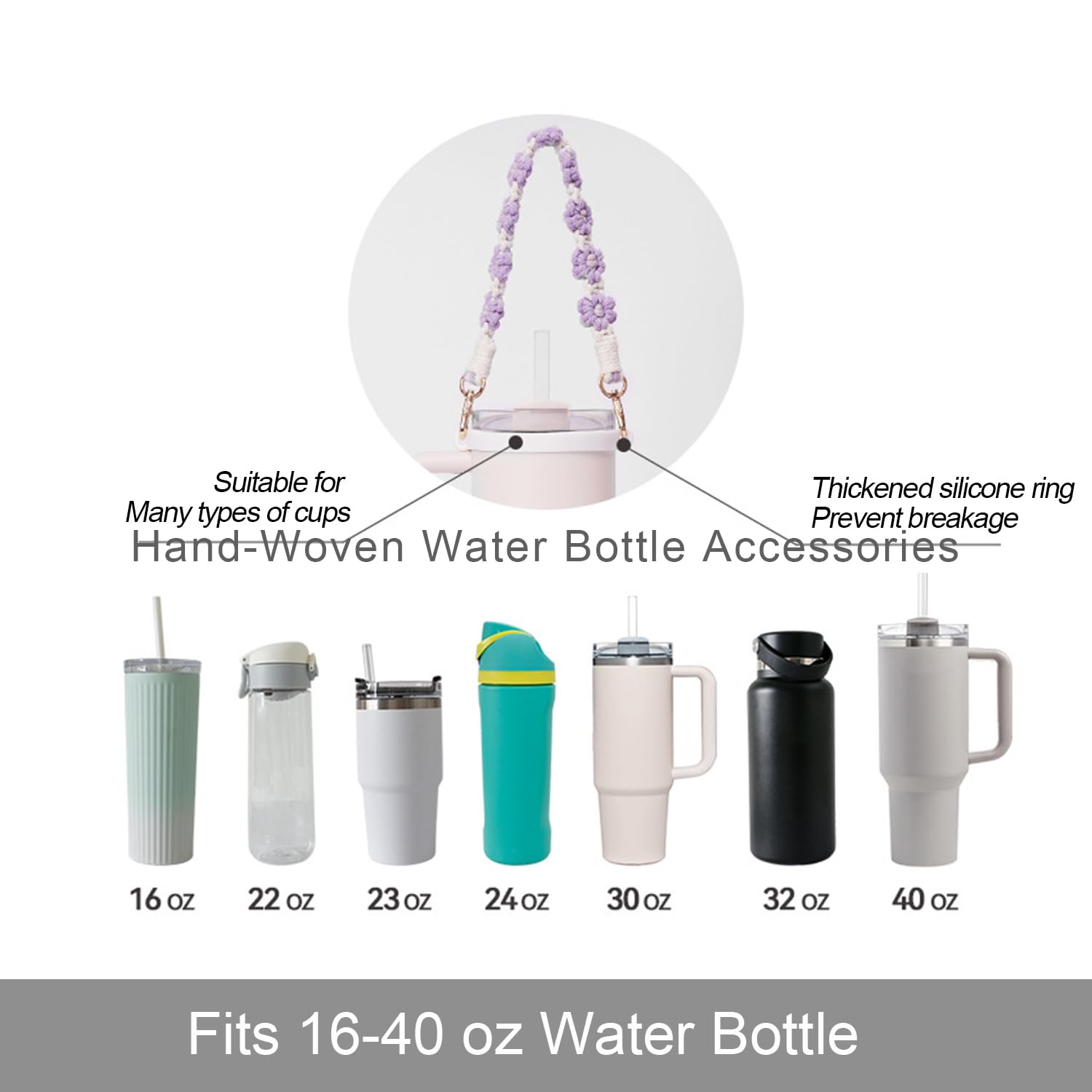 Hand-Woven Flower Water Bottle Strap with Silicone Ring 41cm/16.14 inch – Universal Cup Holder for 14oz, 30oz, and 40oz Stanley Tumblers, Adjustable Shoulder Strap with Rose Gold Clips and Net Pouch (Black)