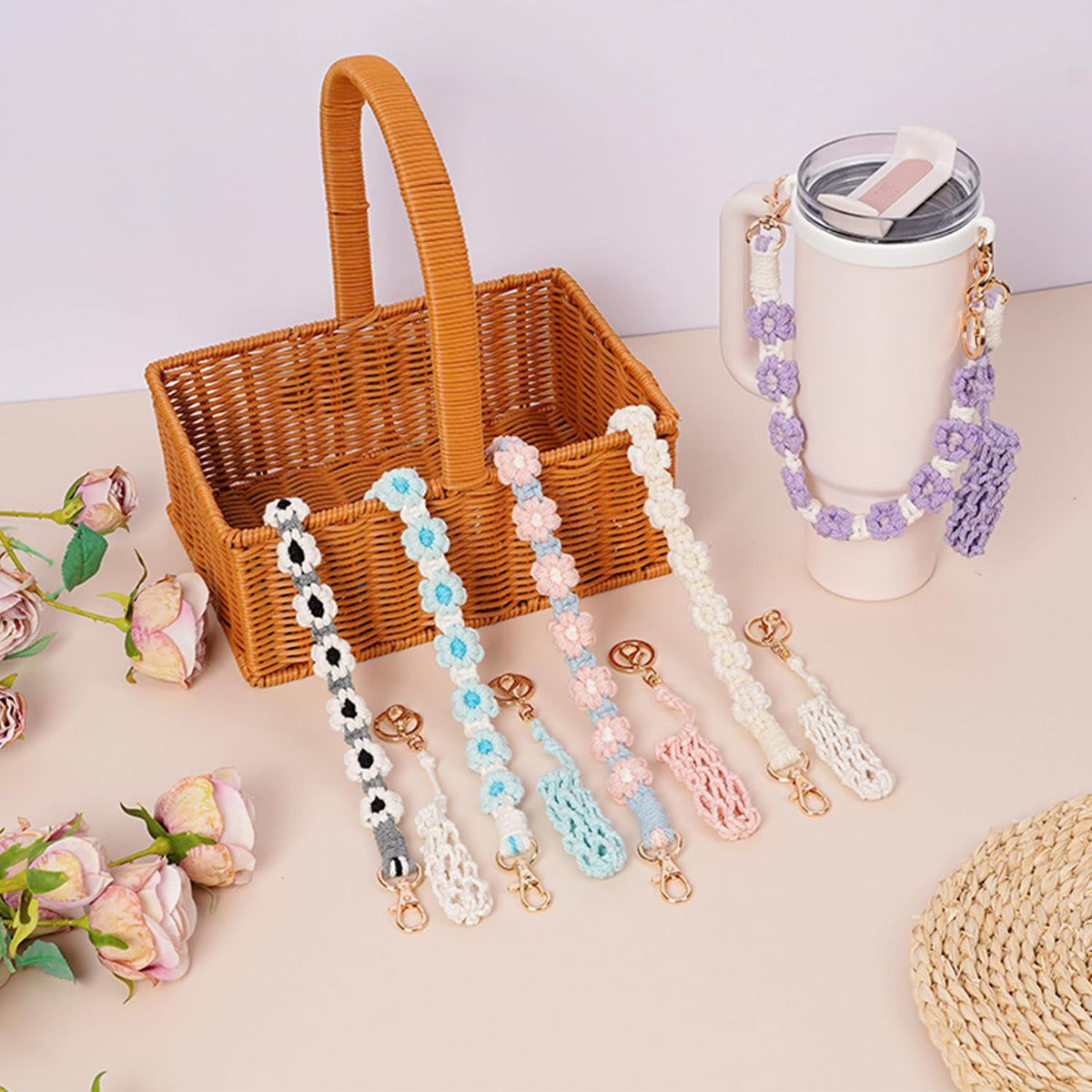 Hand-Woven Flower Water Bottle Strap with Silicone Ring 41cm/16.14 inch – Universal Cup Holder for 14oz, 30oz, and 40oz Stanley Tumblers, Adjustable Shoulder Strap with Rose Gold Clips and Net Pouch (Black)