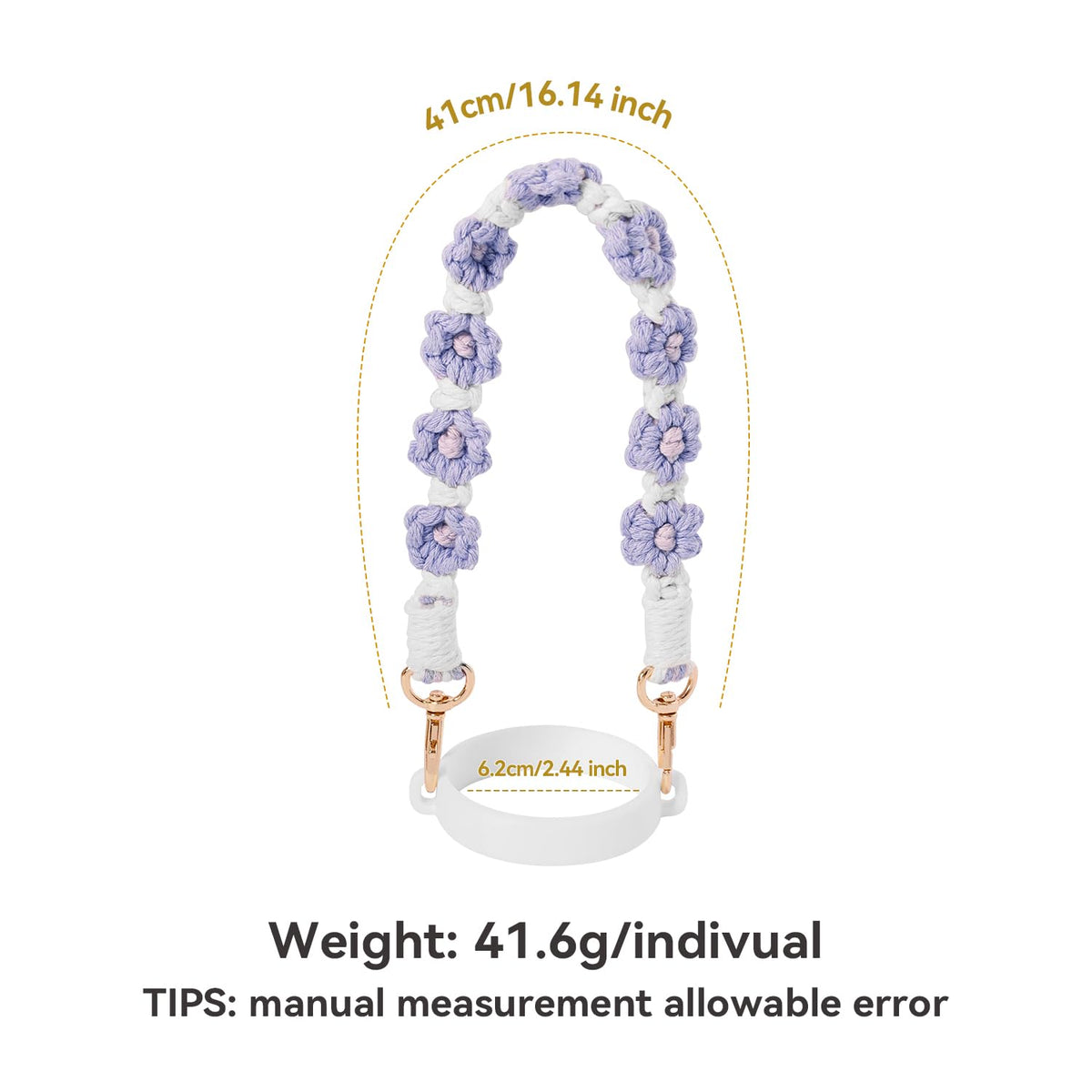 Hand-Woven Flower Water Bottle Strap with Silicone Ring 41cm/16.14 inch – Universal Cup Holder for 14oz, 30oz, and 40oz Stanley Tumblers, Adjustable Shoulder Strap with Rose Gold Clips and Net Pouch (Purple)