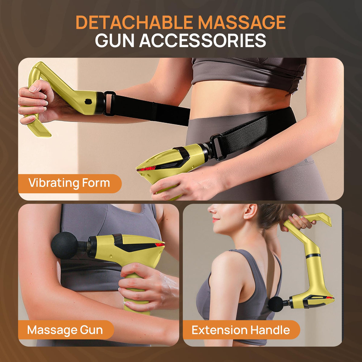Yellow 3-in-1 Massage Gun with Extendable Handle & Back Strap – 12-Speed Deep Tissue Muscle Massager, 4 Attachments, USB-C Charging, for Athletes, Gym Recovery & Seniors | Black available in store