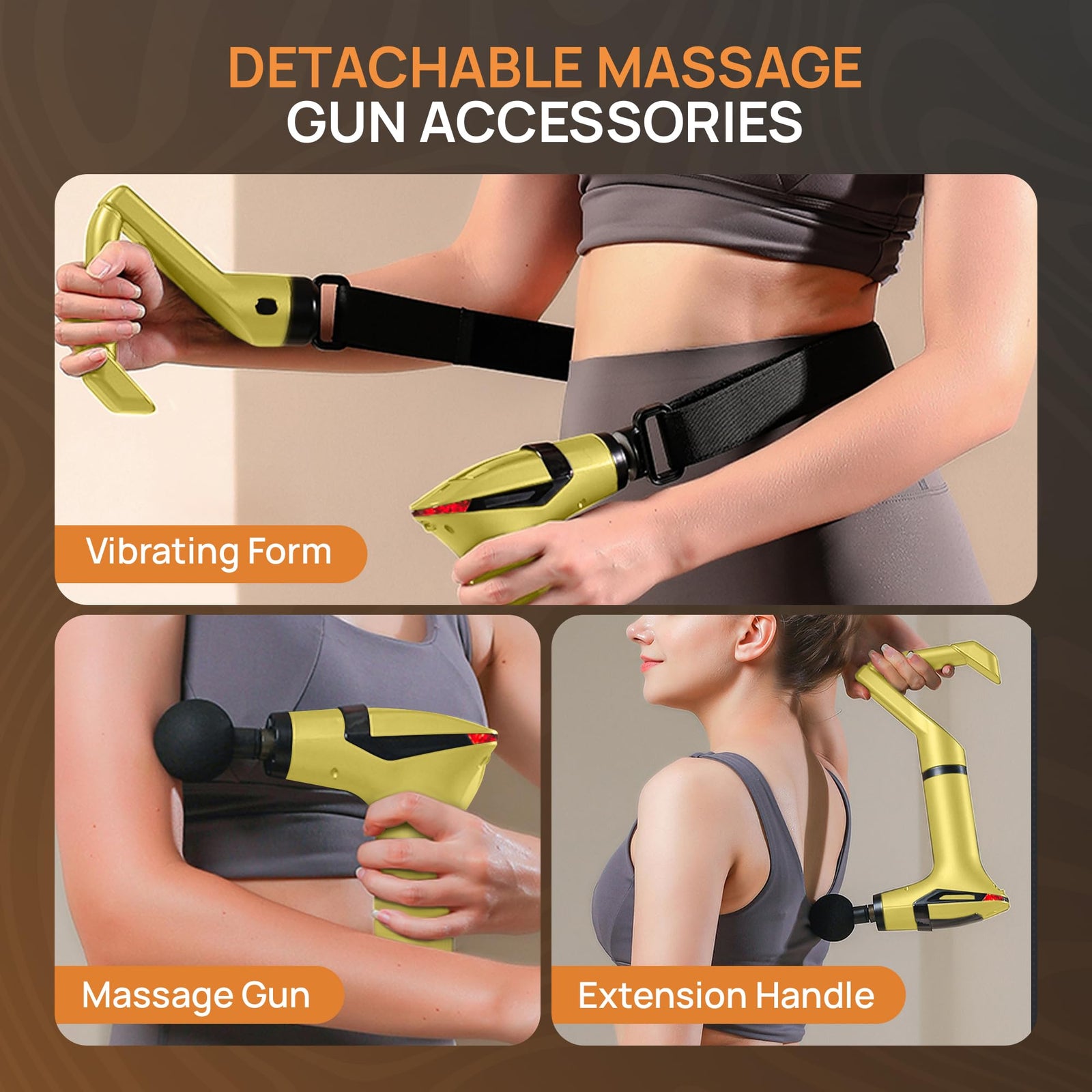 Yellow 3-in-1 Massage Gun with Extendable Handle & Back Strap – 12-Speed Deep Tissue Muscle Massager, 4 Attachments, USB-C Charging, for Athletes, Gym Recovery & Seniors | Black available in store