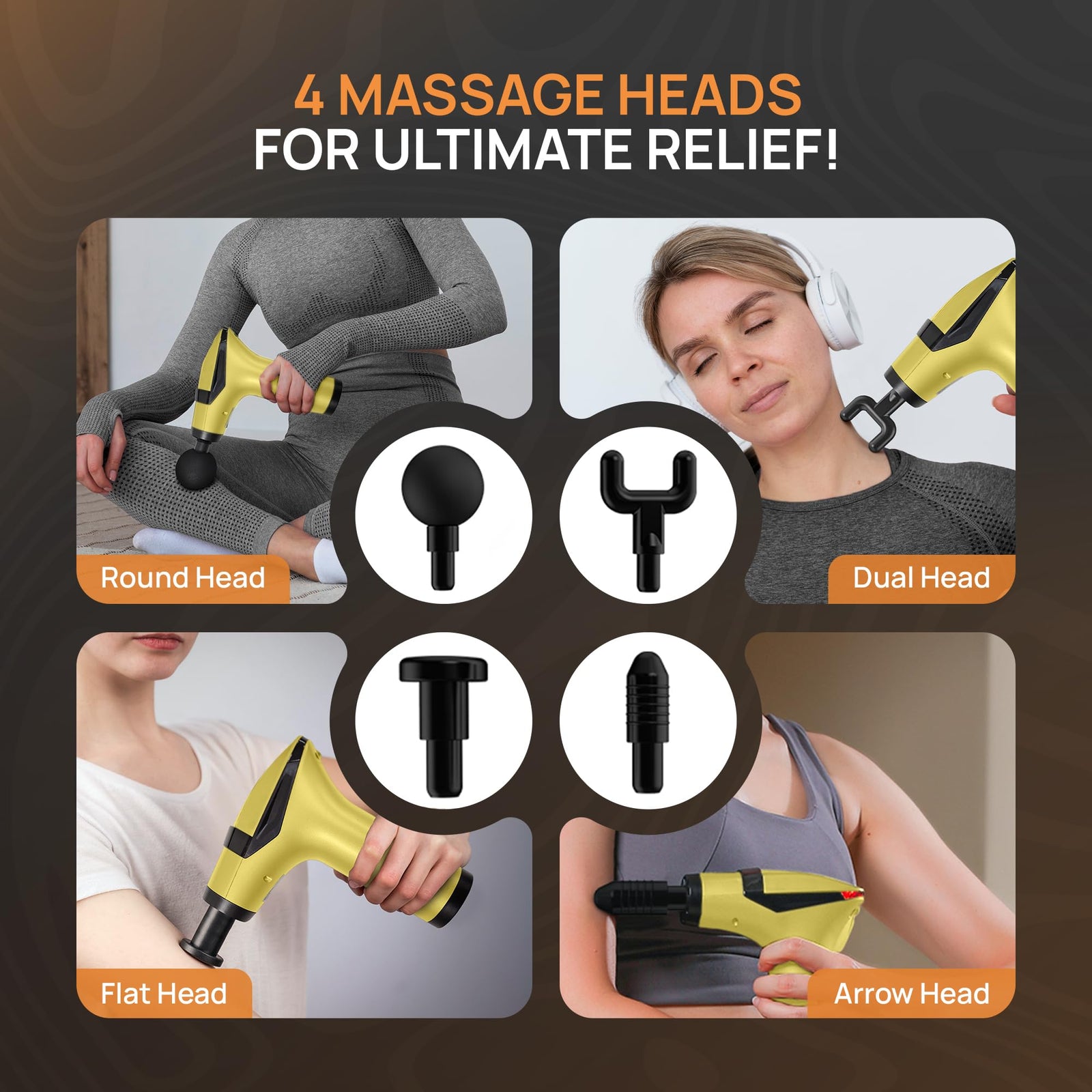 Yellow 3-in-1 Massage Gun with Extendable Handle & Back Strap – 12-Speed Deep Tissue Muscle Massager, 4 Attachments, USB-C Charging, for Athletes, Gym Recovery & Seniors | Black available in store