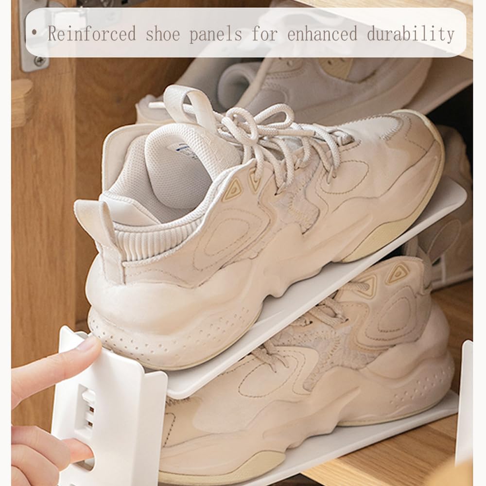 Adjustable Shoe Rack Organizer, 10-Pack Stackable Shoe Shelf for Closet Storage – Space-Saving Double Layer Shoe Holder with 3-Level Height Adjustment (White)