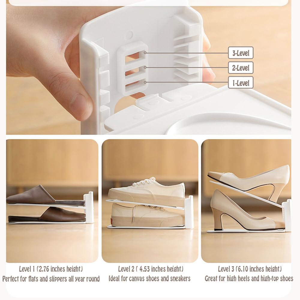 Adjustable Shoe Rack Organizer, 10-Pack Stackable Shoe Shelf for Closet Storage – Space-Saving Double Layer Shoe Holder with 3-Level Height Adjustment (White)