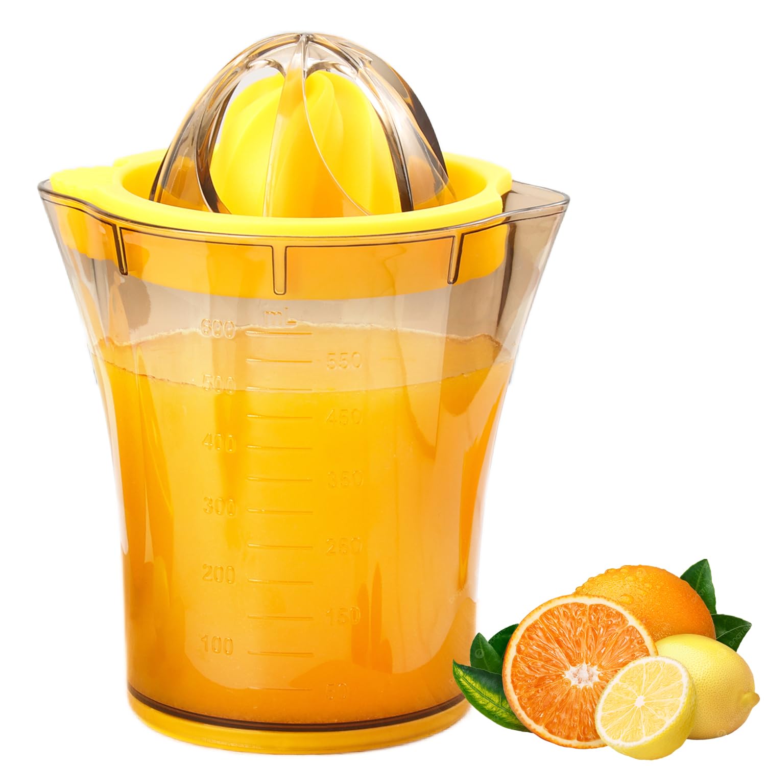 Handheld Citrus Juicer with Dual Reamer & 20oz Measuring Cup – Manual Lemon, Lime, Orange, Grapefruit Squeezer with Anti-Slip Base and Filtered Spout (Yellow)