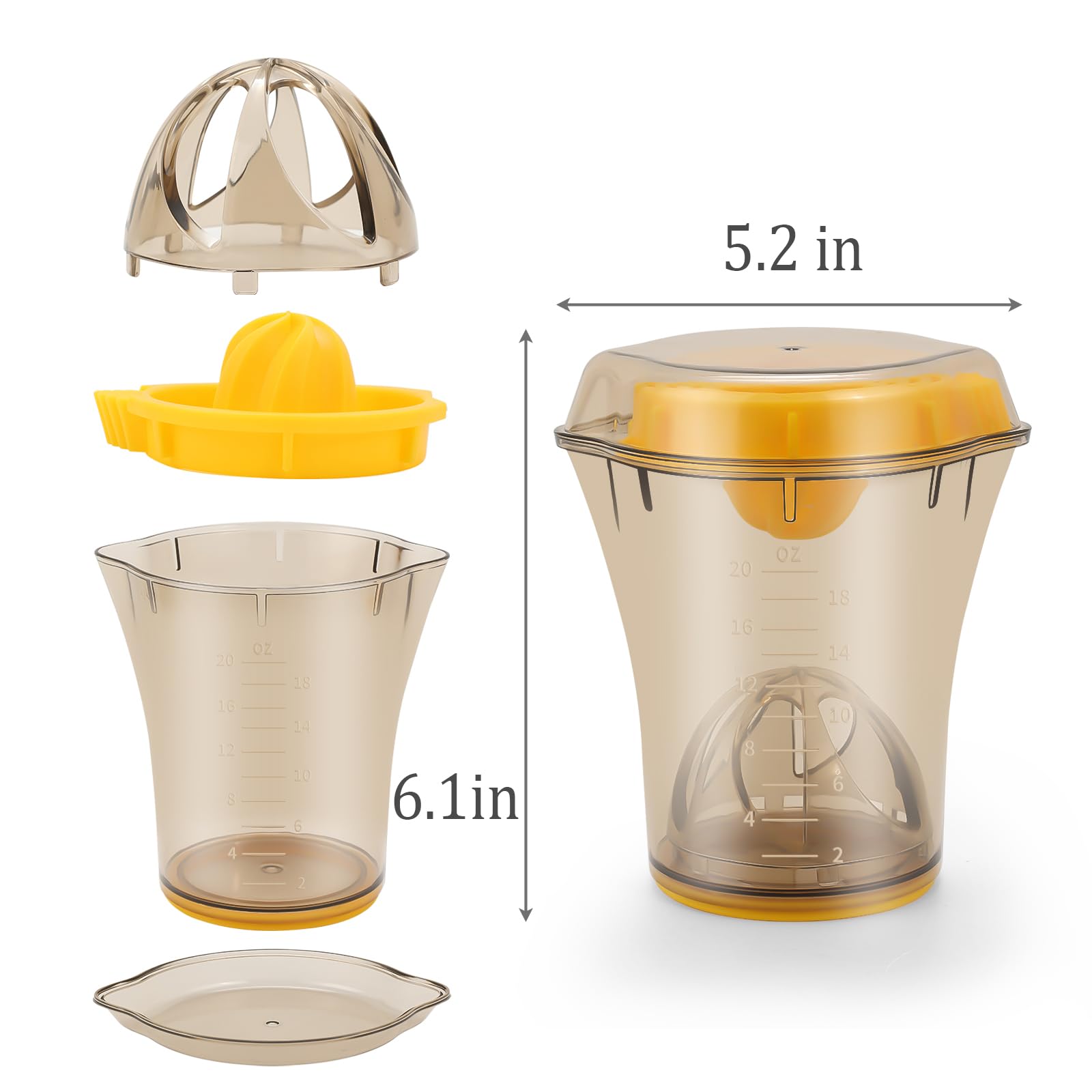 Handheld Citrus Juicer with Dual Reamer & 20oz Measuring Cup – Manual Lemon, Lime, Orange, Grapefruit Squeezer with Anti-Slip Base and Filtered Spout (Yellow)