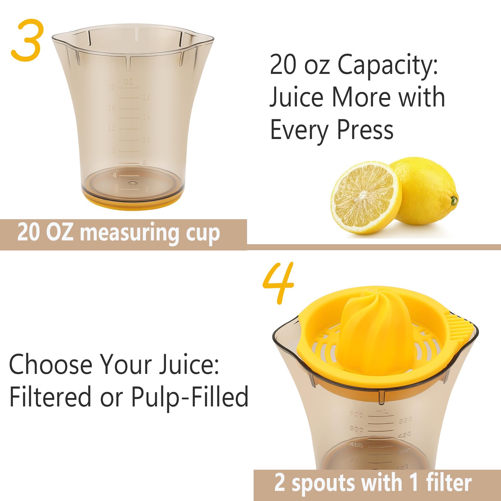 Handheld Citrus Juicer with Dual Reamer & 20oz Measuring Cup – Manual Lemon, Lime, Orange, Grapefruit Squeezer with Anti-Slip Base and Filtered Spout (Yellow)