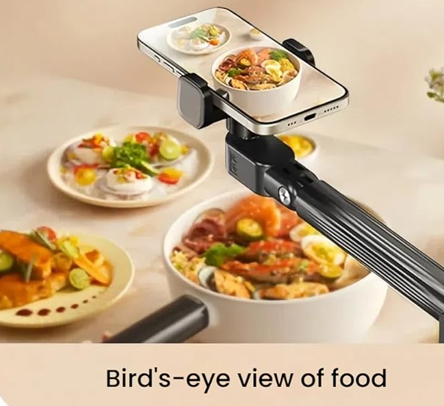 Floor Standing Phone Tripod with Swan Neck Arm – Includes Phone Clamp & Selfie Remote, Multi-Angle Stand for Live Streaming, Food Photography, Vlogging (Black)