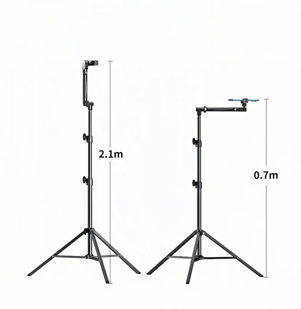 Floor Standing Phone Tripod with Swan Neck Arm – Includes Phone Clamp & Selfie Remote, Multi-Angle Stand for Live Streaming, Food Photography, Vlogging (Black)